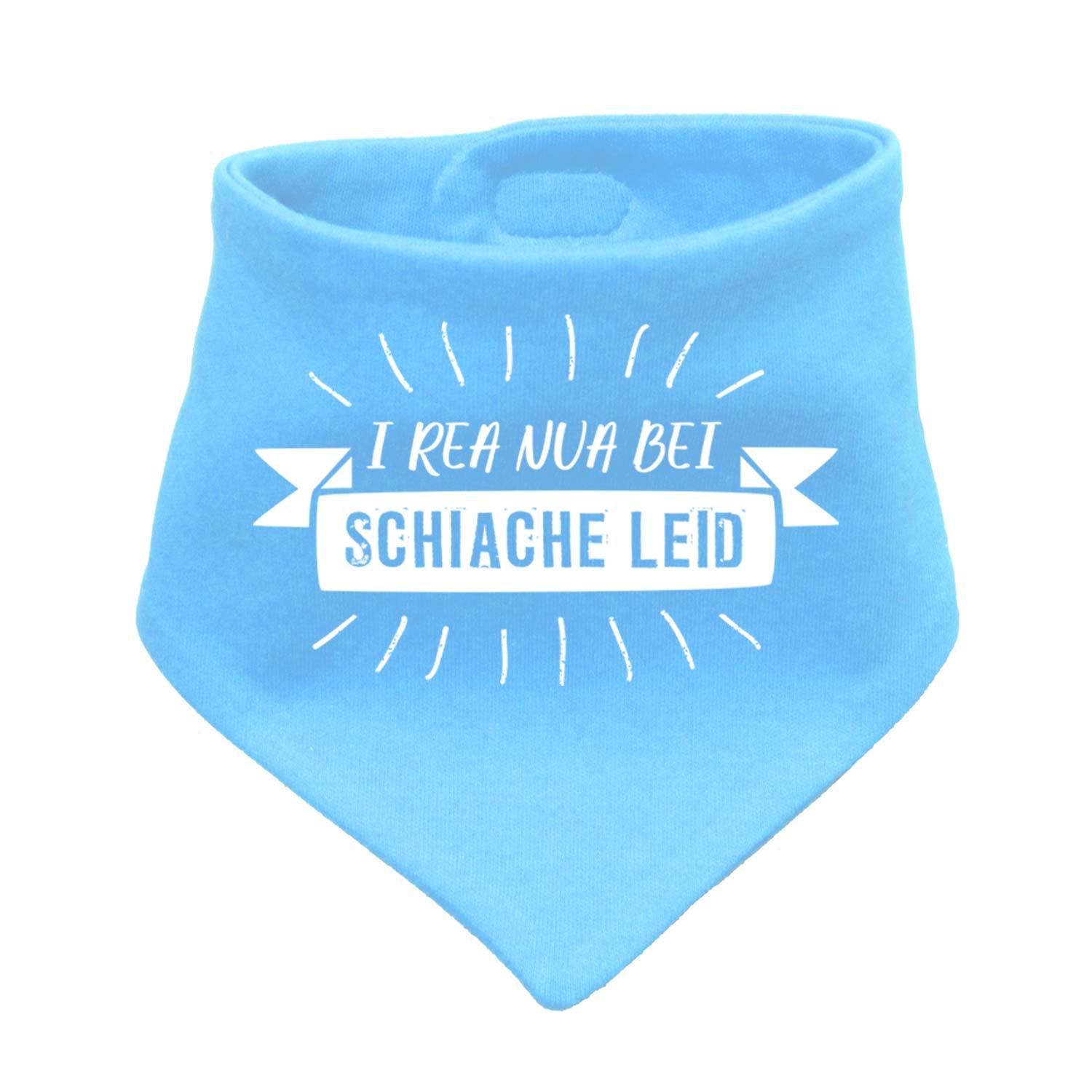 Dreieckiges Babyhalstuch mit sichtbarem Schriftzug „I rea nua“, Druckknopfverschluss, weicher Stoff.