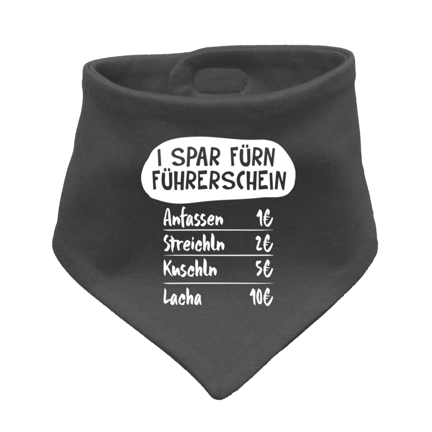 Babyhalstuch in Dreiecksform mit Schriftzug „I spar fürn Führerschein…“, hellgrau mit weißem Aufdruck, aus Baumwolle.