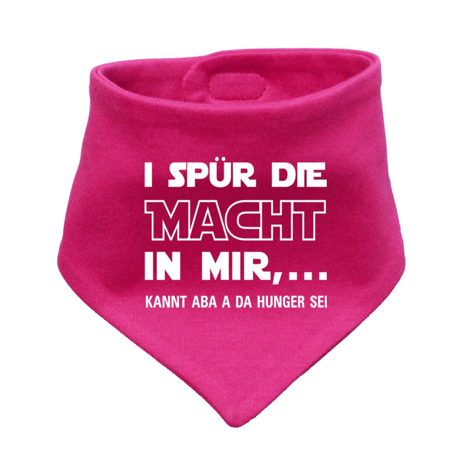 Dreieckiges Babyhalstuch in Dunkelblau mit weißem Schriftzug „I spür die Macht…“ aus weicher Baumwolle.