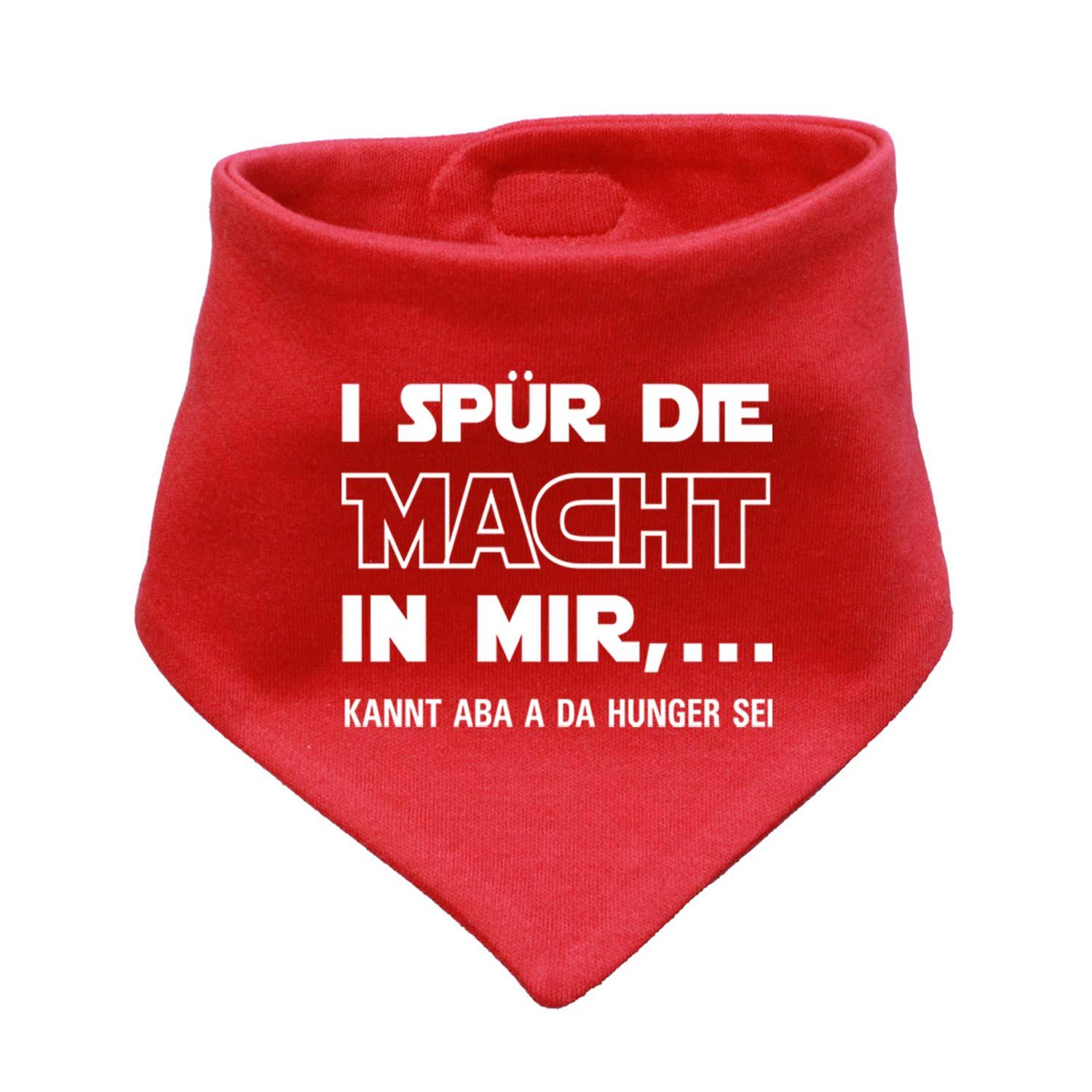 Babyhalstuch in Dreiecksform mit dunkelblauer Oberfläche, weißem Schriftzug „I spür die Macht…“, aus Baumwolle.