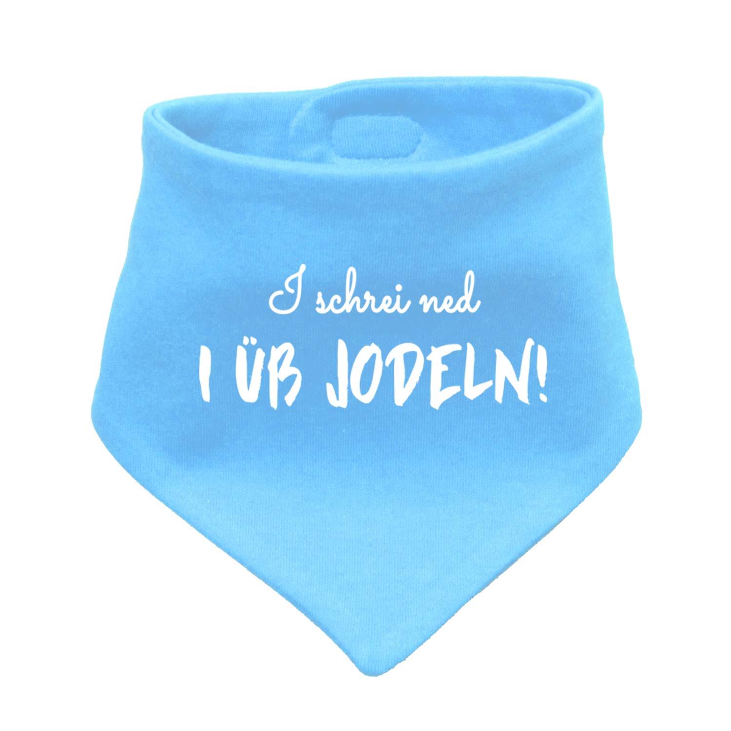 Babyhalstuch in Dreiecksform mit weißem Schriftzug „I üb jodeln“ auf rotem Stoff, weiche Baumwolle.