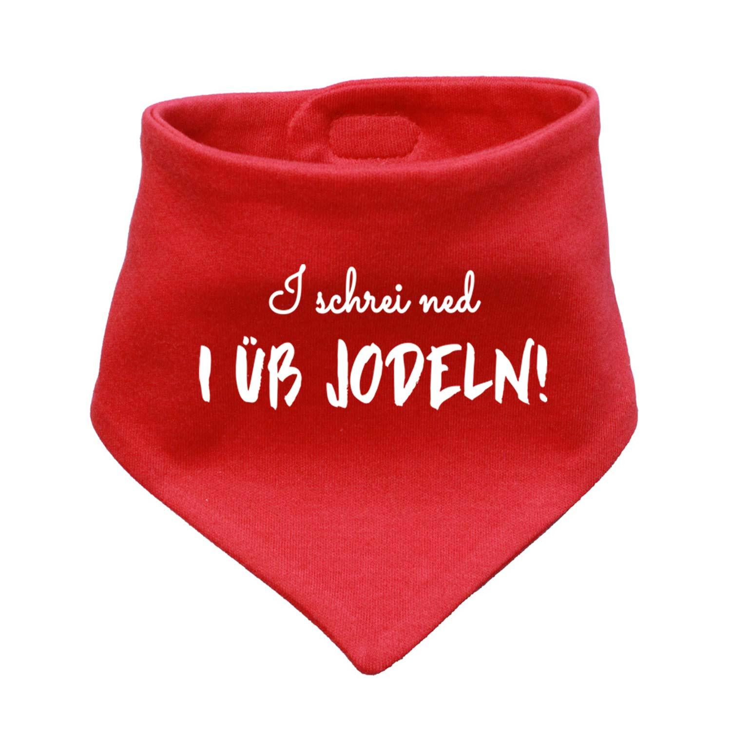 Dreieckiges Babyhalstuch in Beige mit braunem Schriftzug „I üb jodeln“ und braunem Herzmotiv, aus weicher Baumwolle.