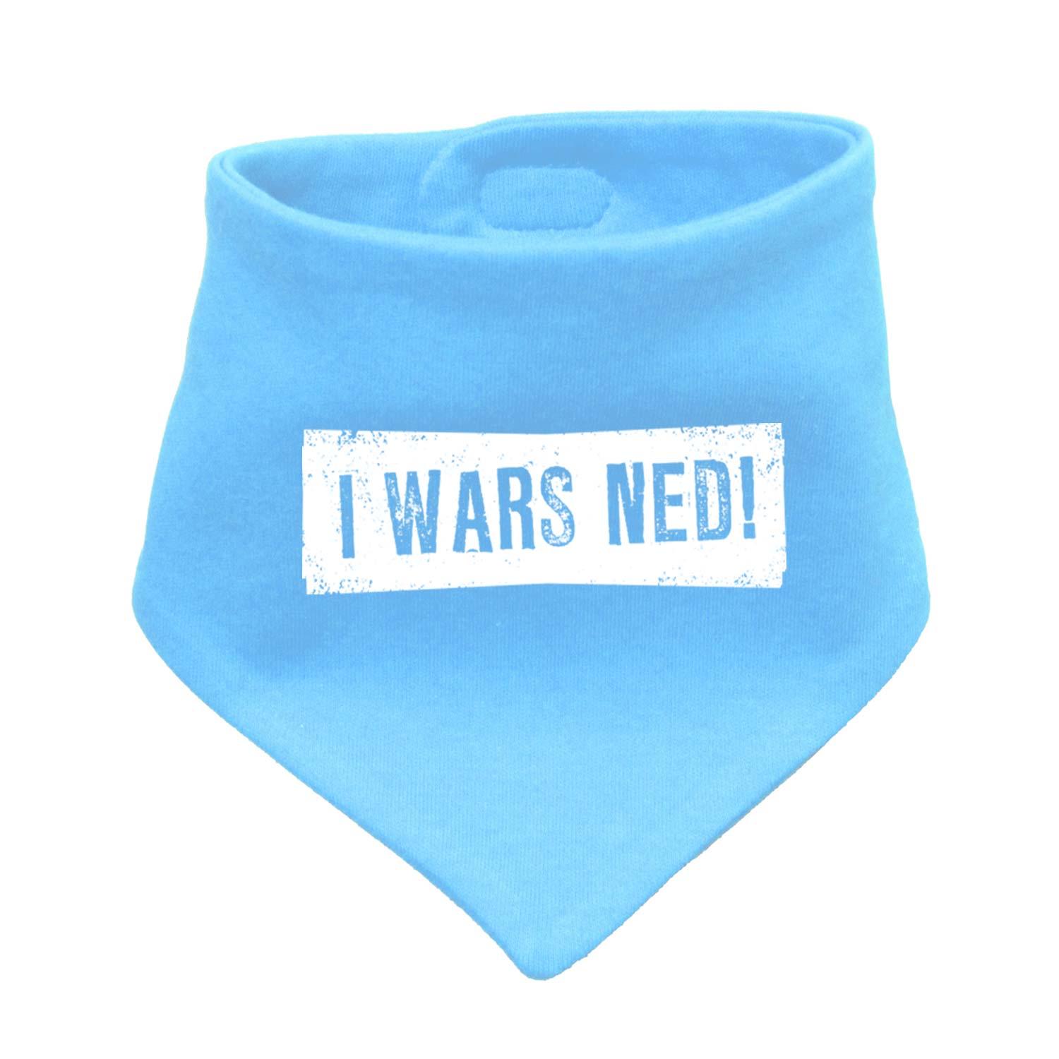 Babyhalstuch in dunklem Blau mit weißem Schriftzug „I wars ned!“ und kleinen Sternmotiven, dreieckig, aus Baumwolle.