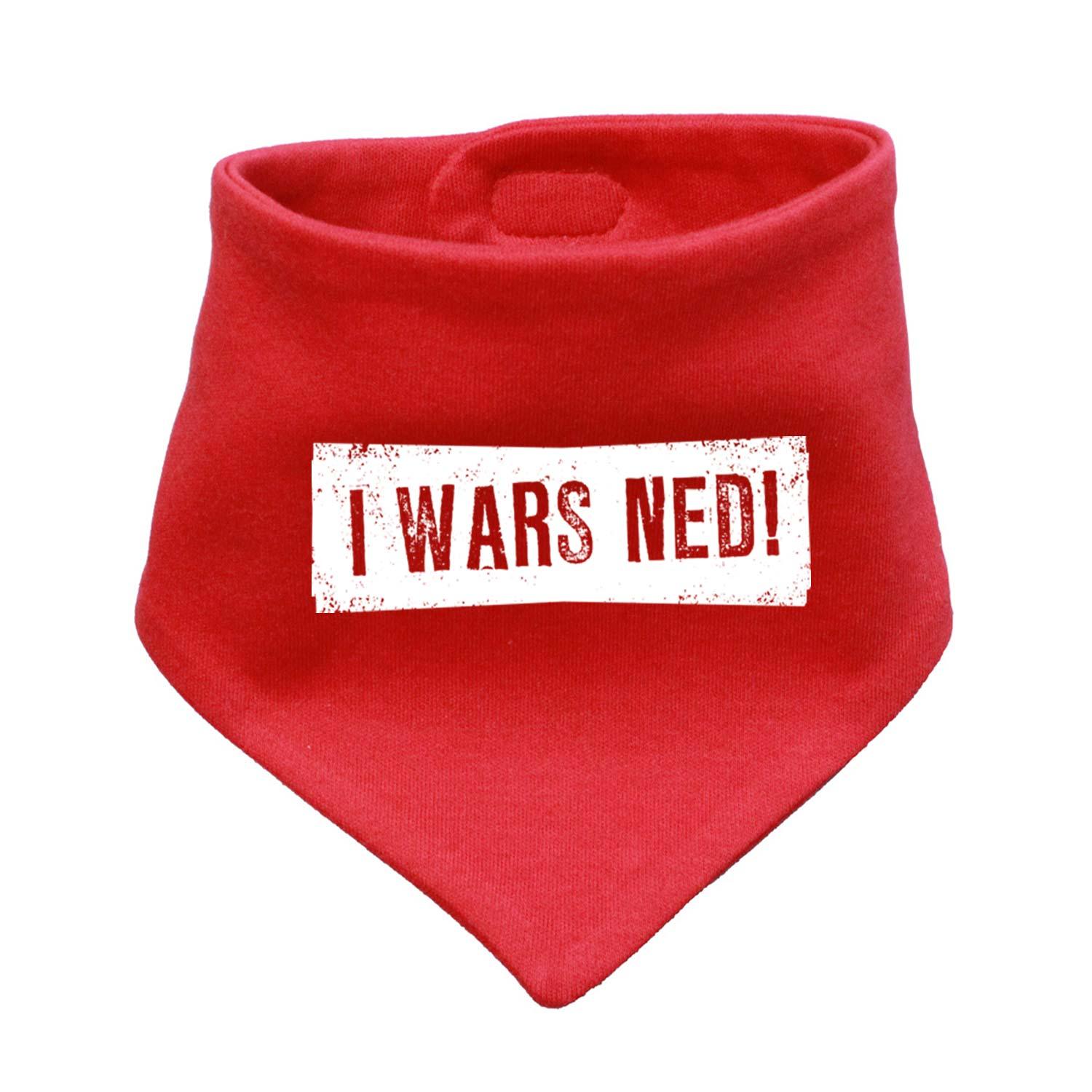 Dreieckiges Babyhalstuch in Hellgrau mit weißem Schriftzug „I wars ned!”, weichem Stoff und Druckknopfverschluss.