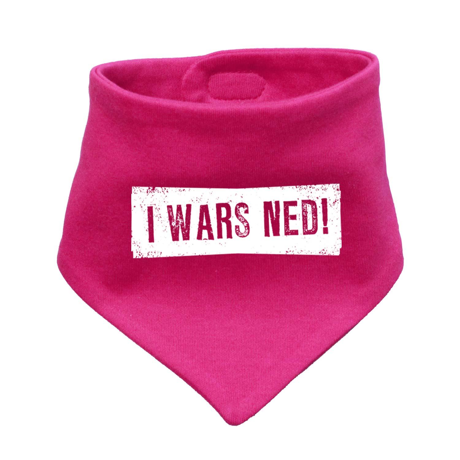 Blaues Babyhalstuch in Dreiecksform mit weißem Schriftzug „I wars ned!“ und Druckknopfverschluss aus Baumwolle.