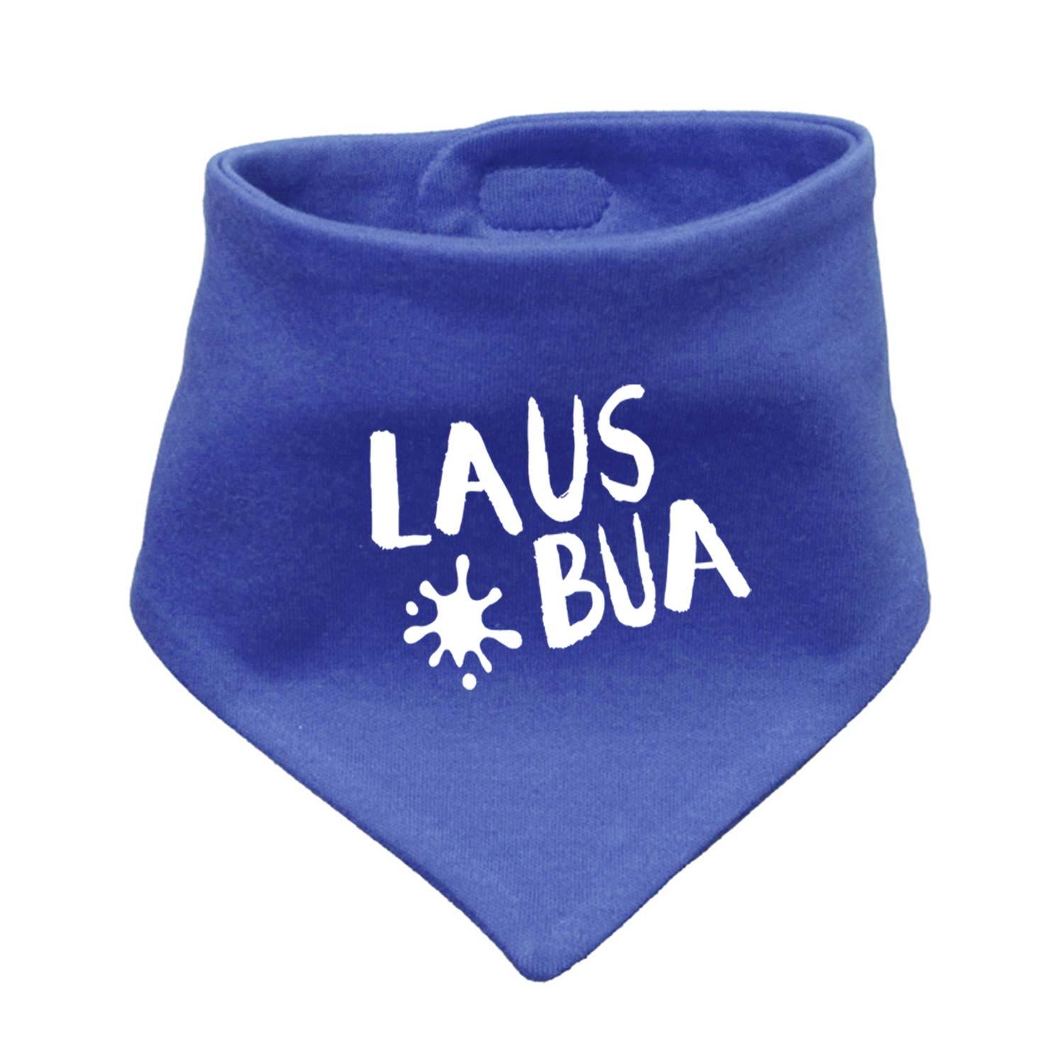 Dunkelblaues Babyhalstuch in Dreiecksform mit weißem Schriftzug „Lausbua“ und Druckknöpfen aus weichem Baumwollstoff.