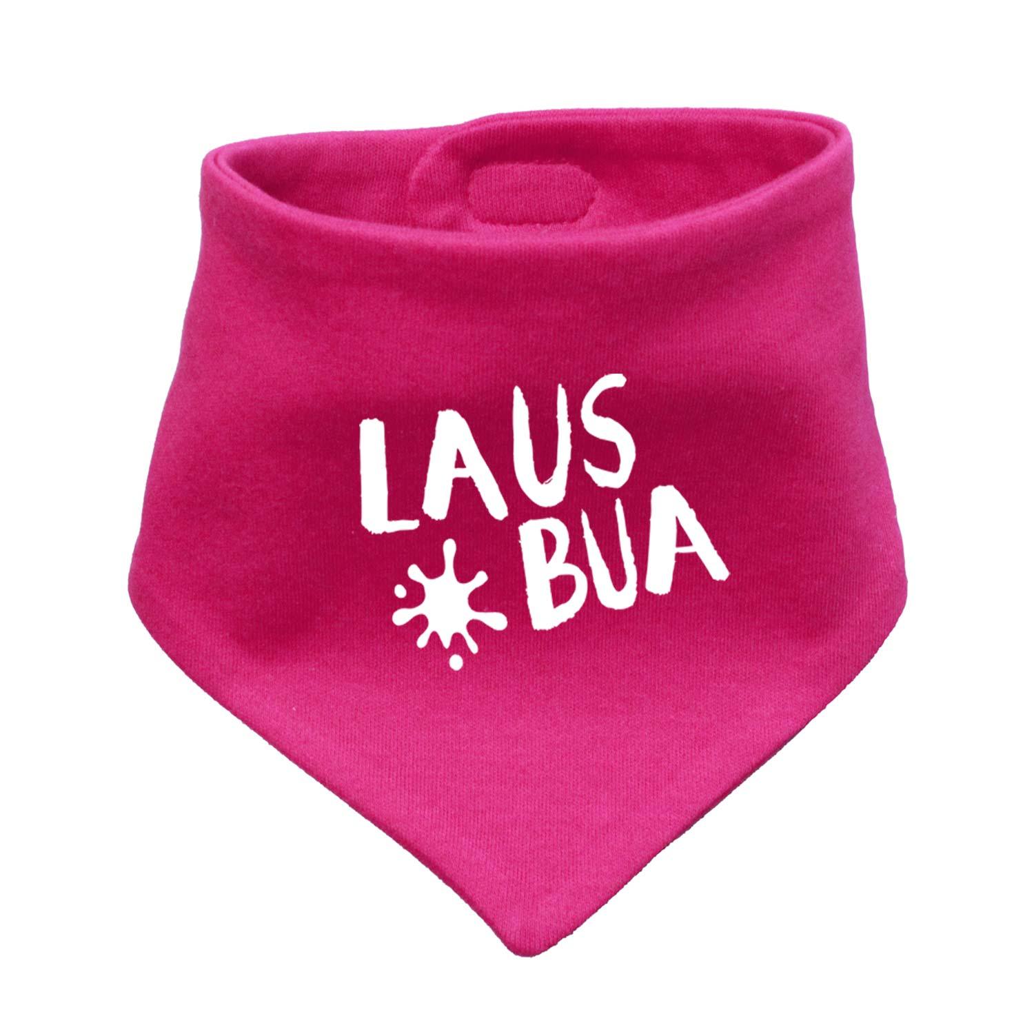 Dreieckiges Babyhalstuch in Blau mit weißem Schriftzug „Lausbua“, kariertem Innenstoff und Druckknopfverschluss.