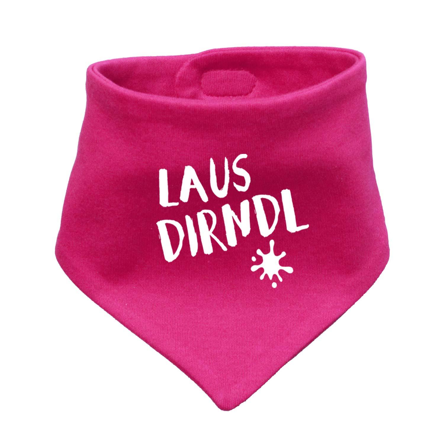 Dreieckiges Babyhalstuch in Rosa mit weißem Punktmuster und Schriftzug „Lausdirndl“ in dunklem Pink, Baumwolle.