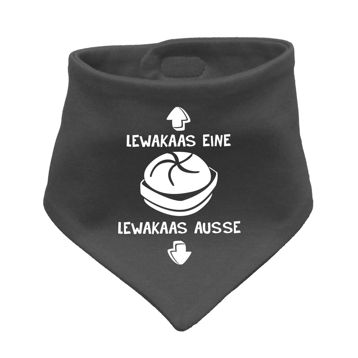 Dreieckiges Babyhalstuch mit sichtbarem Schriftzug „Lewakaas“ in kontrastfarbener Stickerei, Größe 38 x 15 cm.