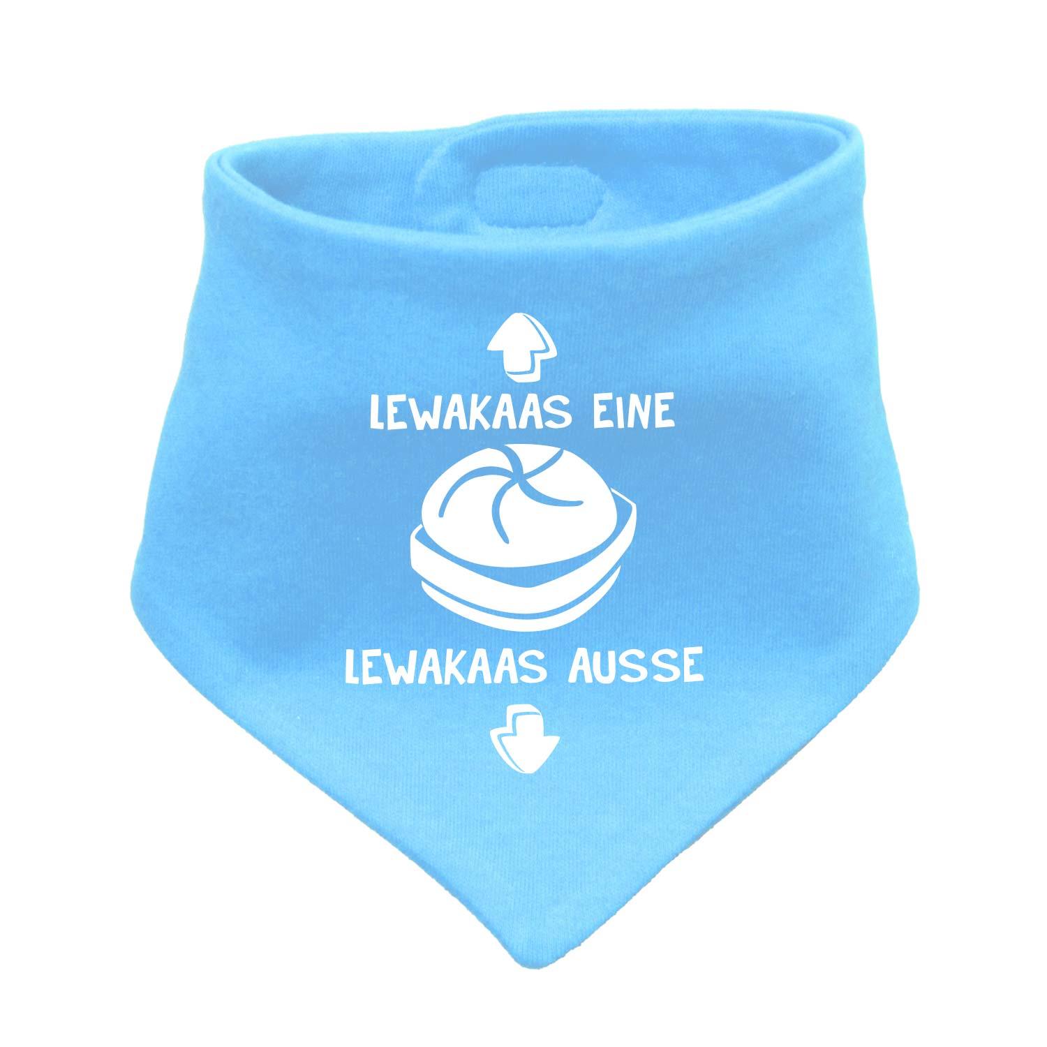 Babyhalstuch in Dreiecksform mit sichtbarem Schriftzug „Lewakaas“, Druckknopfverschluss, Größe ca. 38 x 15 cm.
