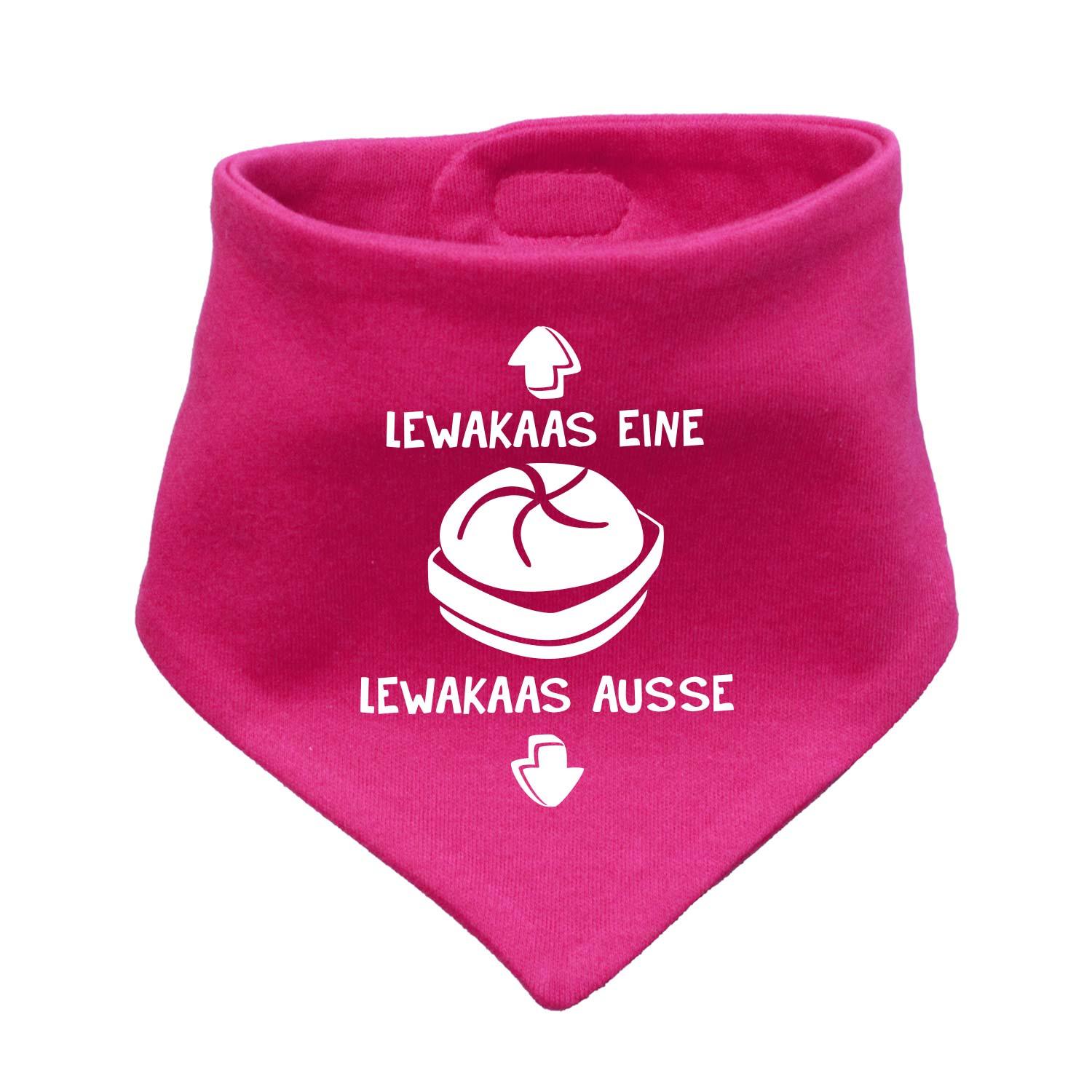 Babyhalstuch in Dreiecksform mit sichtbarem Schriftzug „Lewakaas“, weiches Stoffmaterial, ca. 38 × 15 cm.