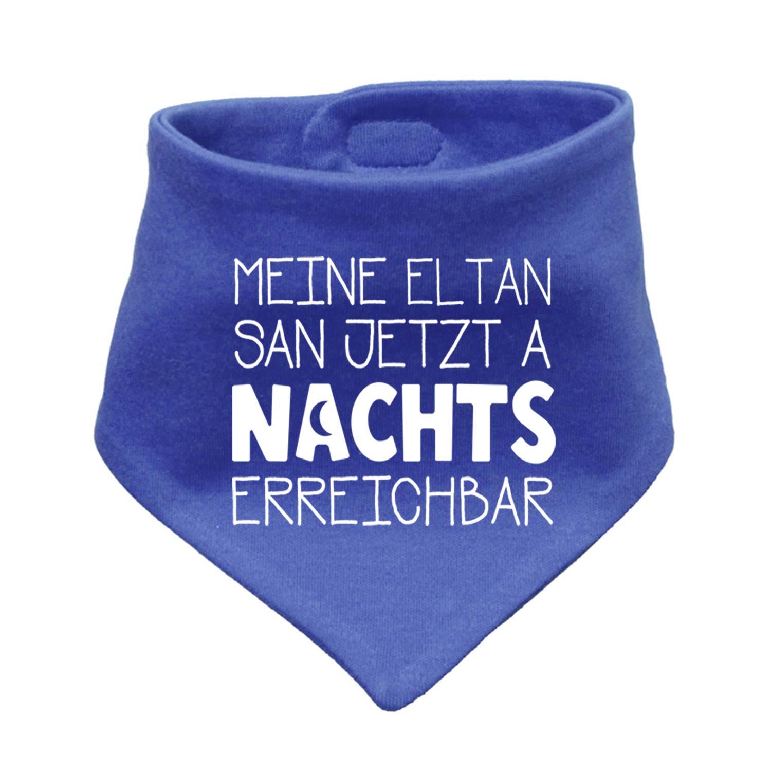 Dreieckiges Babyhalstuch in Dunkelblau mit weißem Schriftzug „Nachts erreichbar!“, aus weicher Baumwolle.
