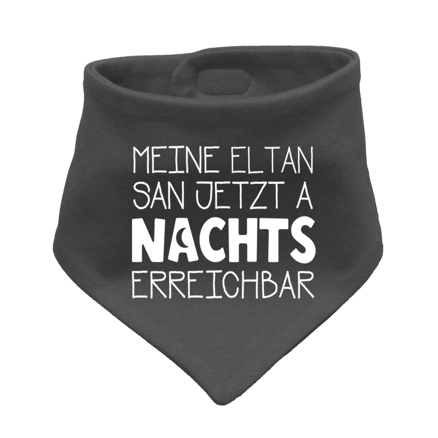 Dreieckiges Babyhalstuch in Dunkelblau mit weißem Schriftzug „Nachts erreichbar!“, weiches Baumwollmaterial.