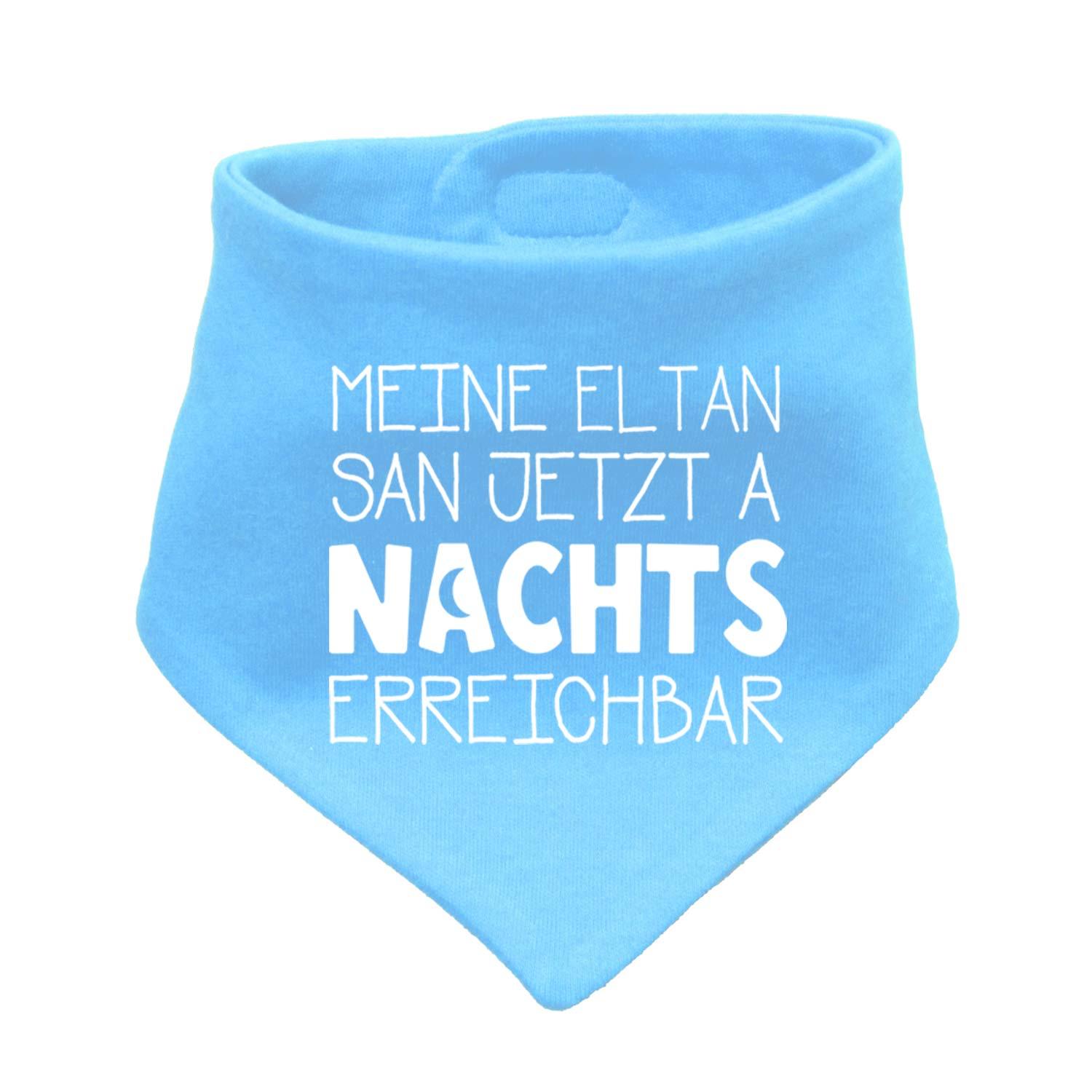 Dreieckiges Babyhalstuch in Dunkelblau mit weißem Schriftzug „Nachts erreichbar!“, aus weicher Baumwolle.
