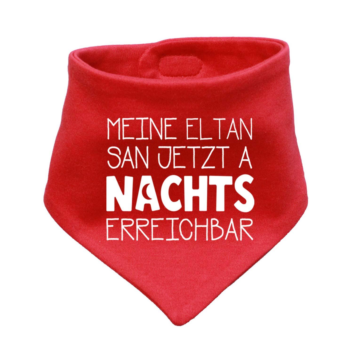 Dreieckiges Babyhalstuch in Rosa mit weißem Schriftzug „Nachts erreichbar!“, weiches Baumwollmaterial.