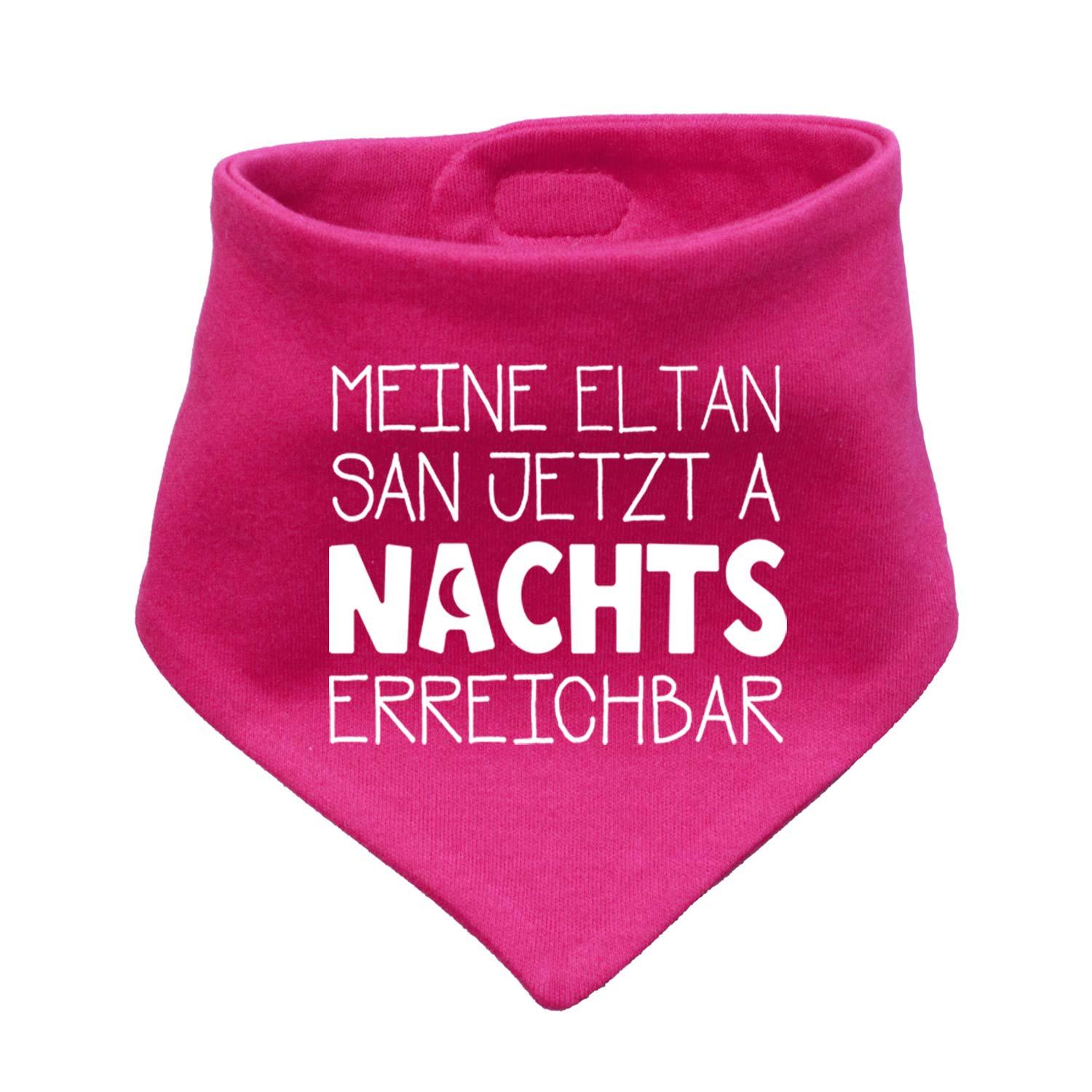 Graues Babyhalstuch in Dreiecksform mit weißem Schriftzug „Nachts erreichbar!“, weiche Baumwolle, ca. 38 × 15 cm.