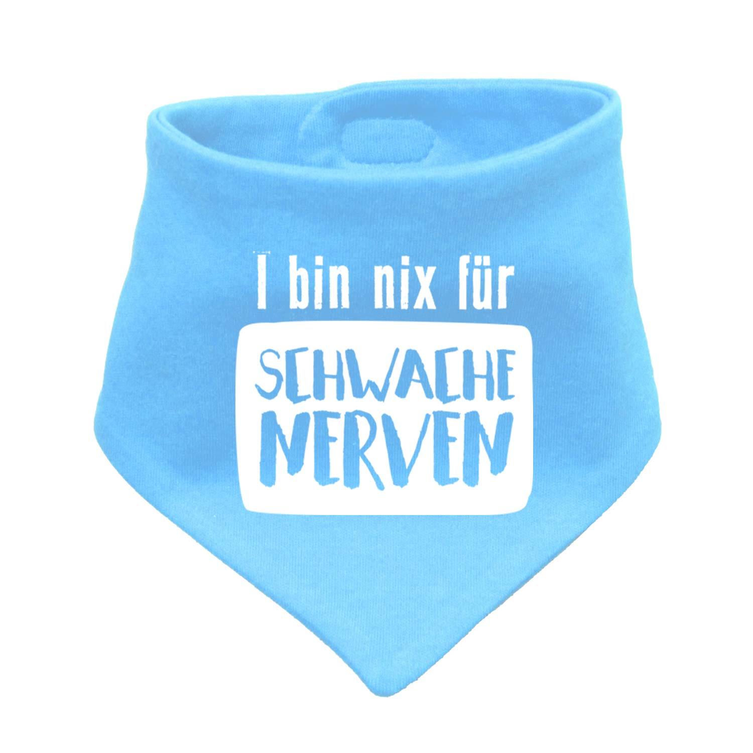 Dreieckiges Babyhalstuch in Beige mit schwarzem Aufdruck „nix für schwache Nerven“, aus weicher Baumwolle.