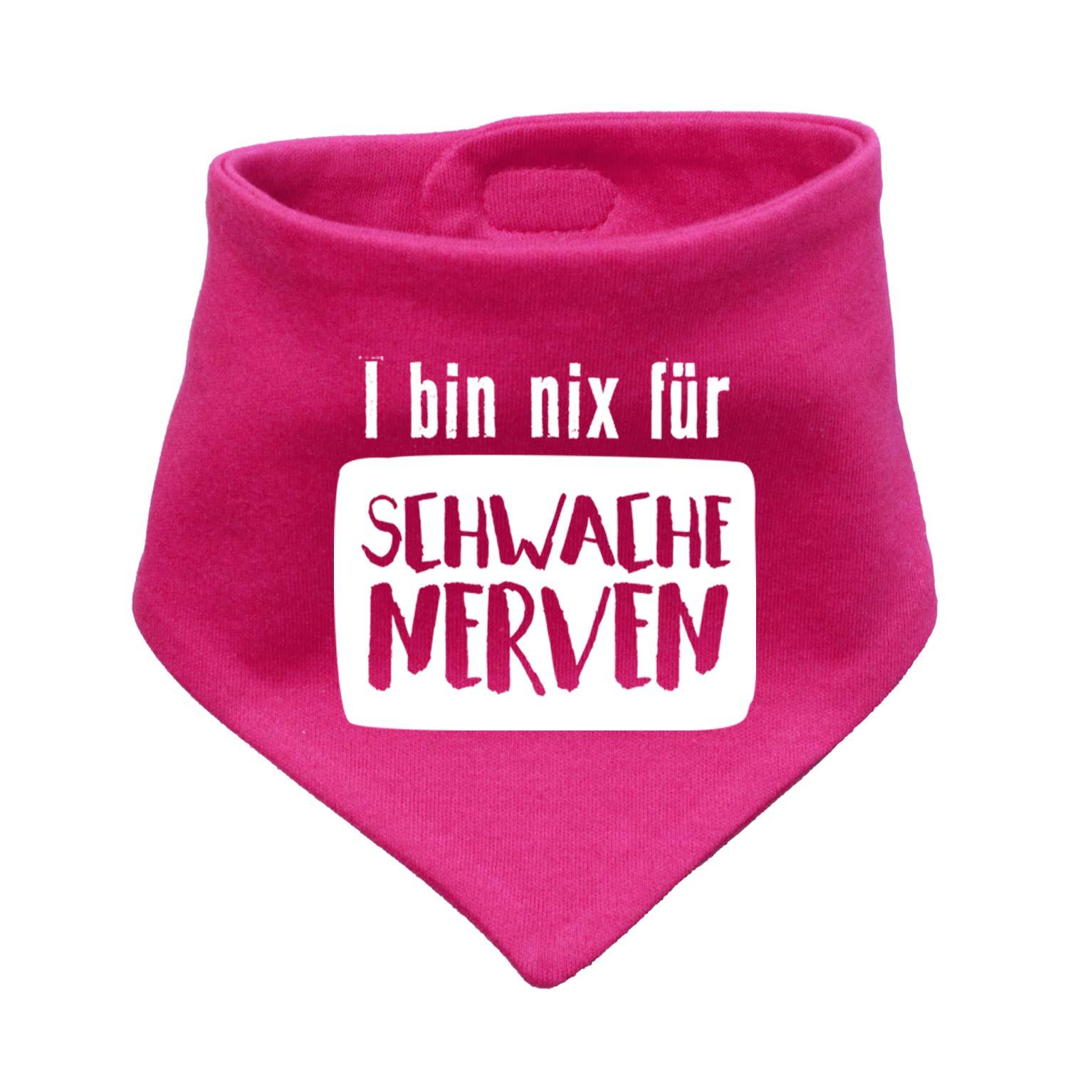 Babyhalstuch in Dreiecksform mit weißem Schriftzug „nix für schwache Nerven“ auf grauem Stoff aus Baumwolle.