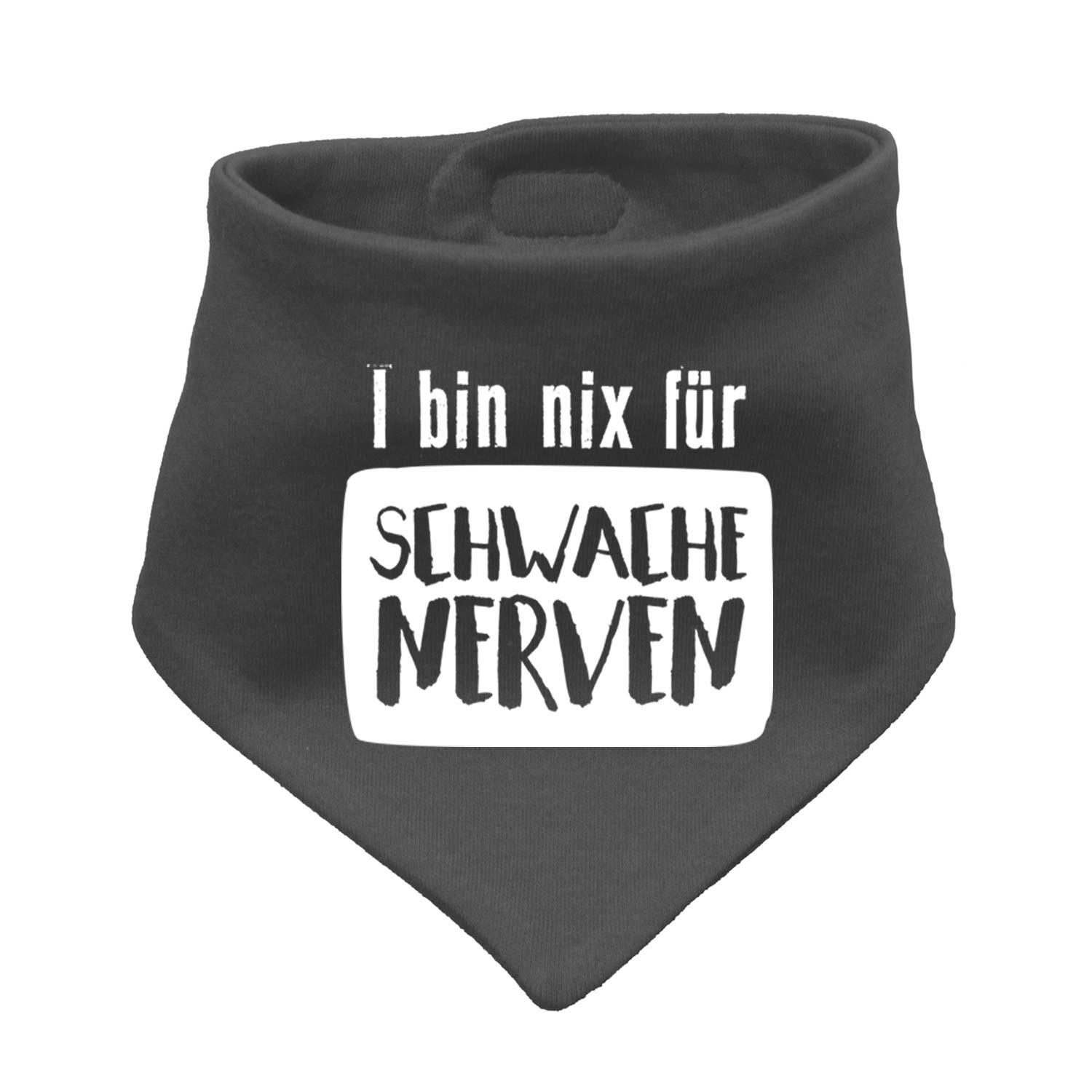 Dreieckiges Babyhalstuch aus dunkelblauer Baumwolle mit weißem Schriftzug „nix für schwache Nerven“.
