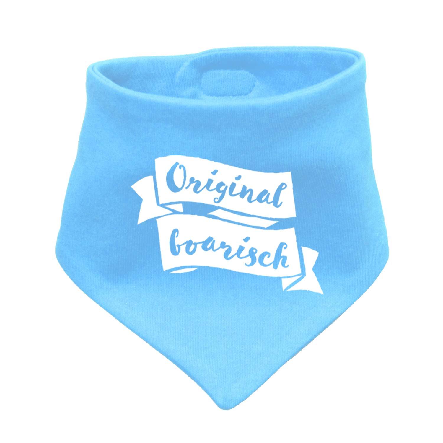 Dreieckiges Babyhalstuch in Blau mit weißem Rautenmuster und Schriftzug „Original boarisch“, aus Baumwolle.