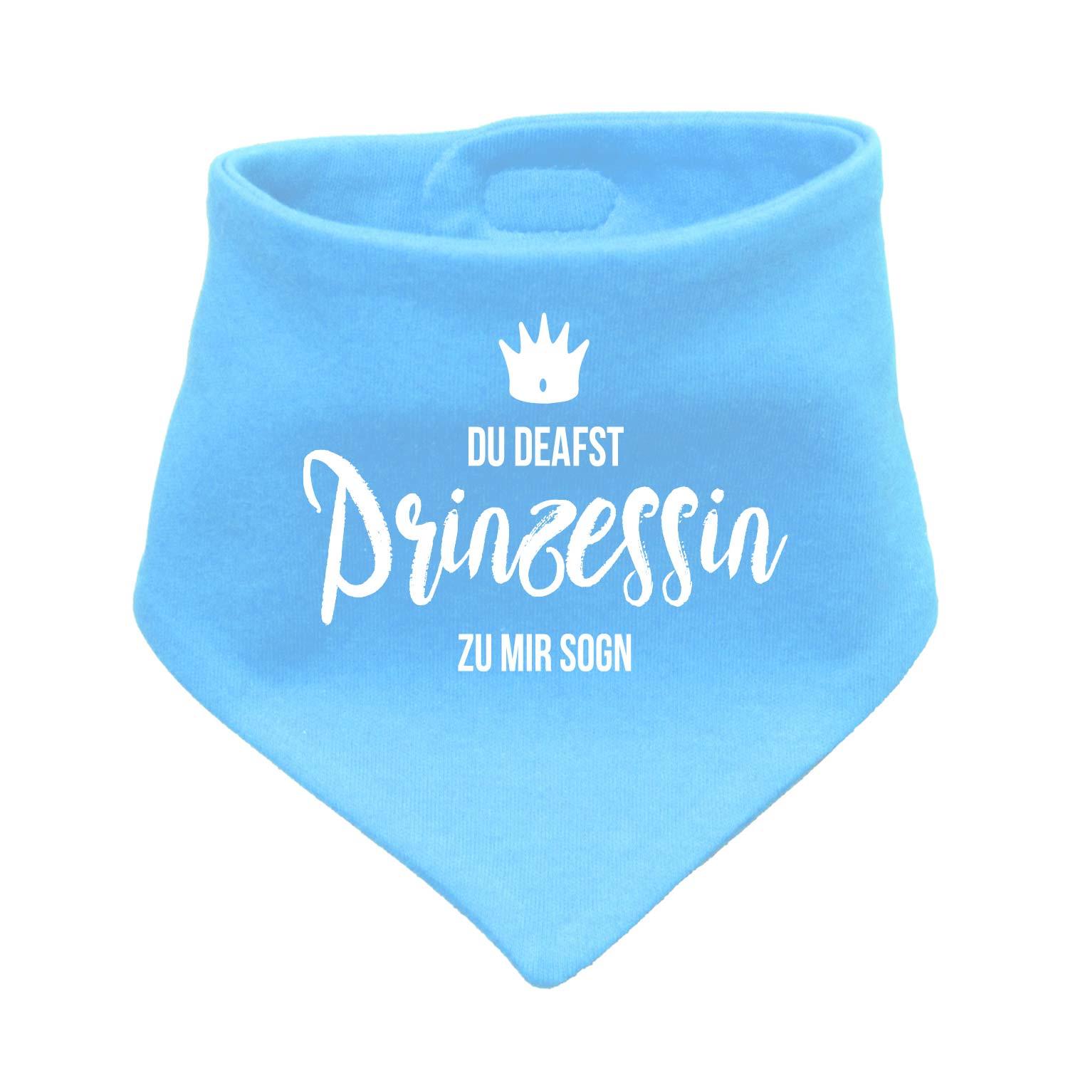 Babyhalstuch in Dreiecksform mit rosa Krone und Aufschrift „Prinzessin“ auf weißem Hintergrund, aus Baumwolle.