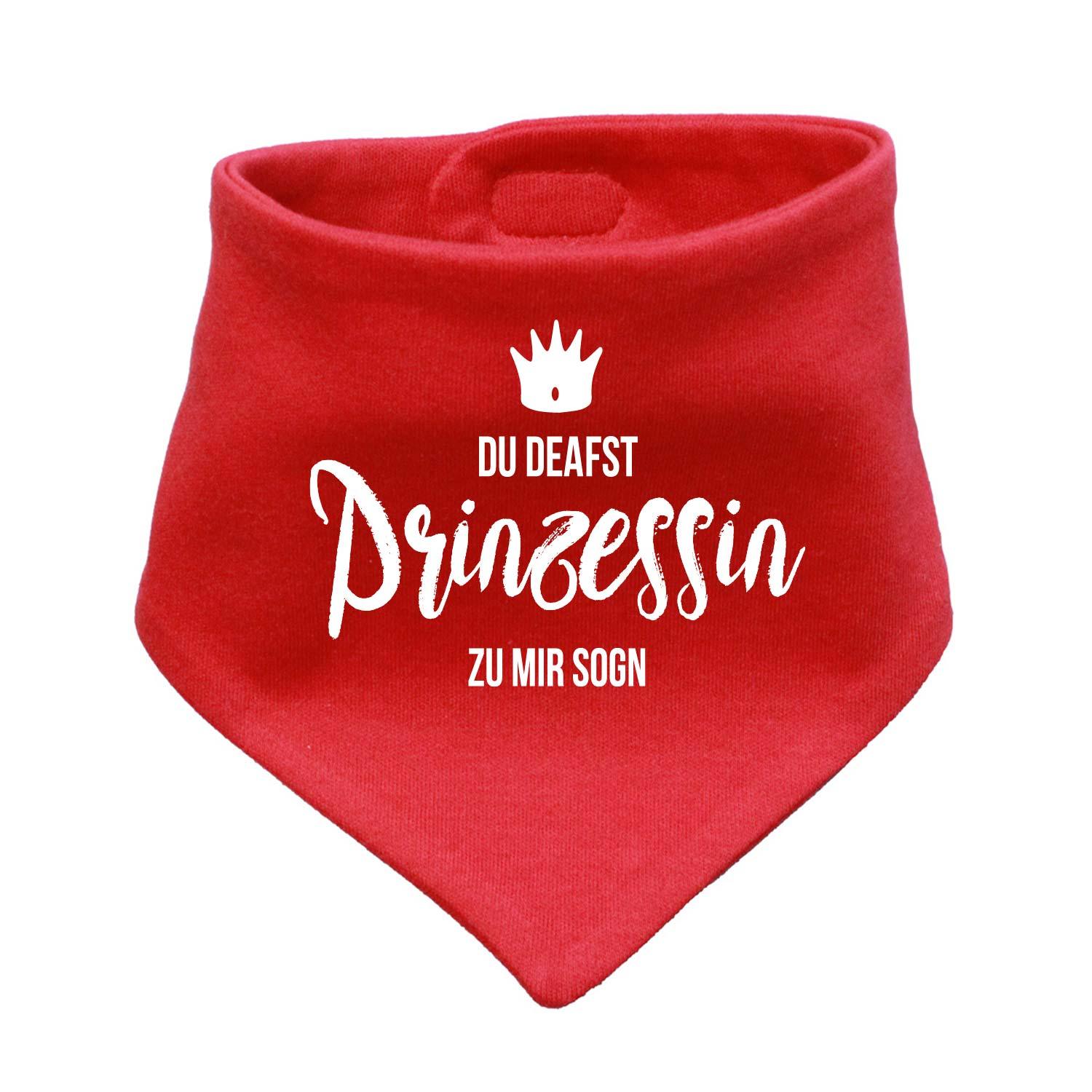 Rosa Babyhalstuch in Dreiecksform mit weißem „Prinzessin“-Schriftzug und kleinem Herzmotiv aus Baumwolle.