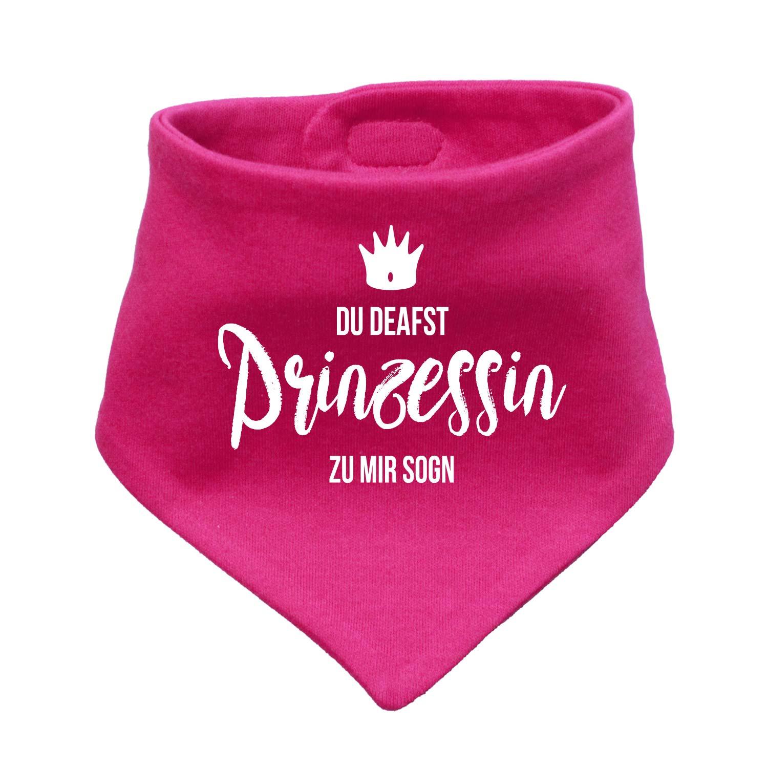 Babyhalstuch in Dreiecksform mit rosa Grundfarbe, Glitzer-Schriftzug „Prinzessin“ und kleiner Krone aus Stoff.