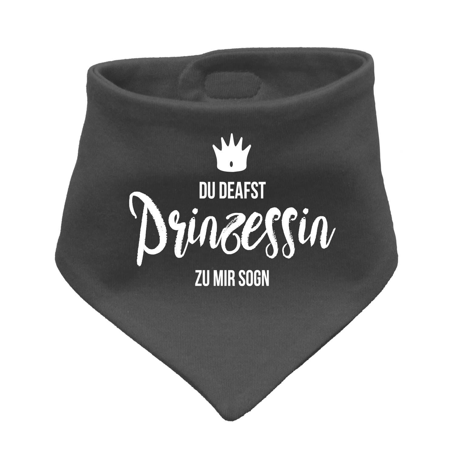 Rosa Babyhalstuch in Dreiecksform mit weißem „Prinzessin“-Schriftzug und kleiner Krone, aus weicher Baumwolle.