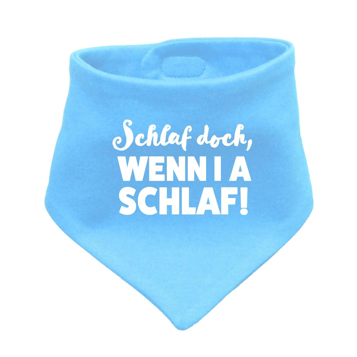 Babyhalstuch in Dreiecksform mit weißem Schriftzug „Schlaf, wenn i a schlaf!“ auf marineblauem Grund aus Baumwolle.