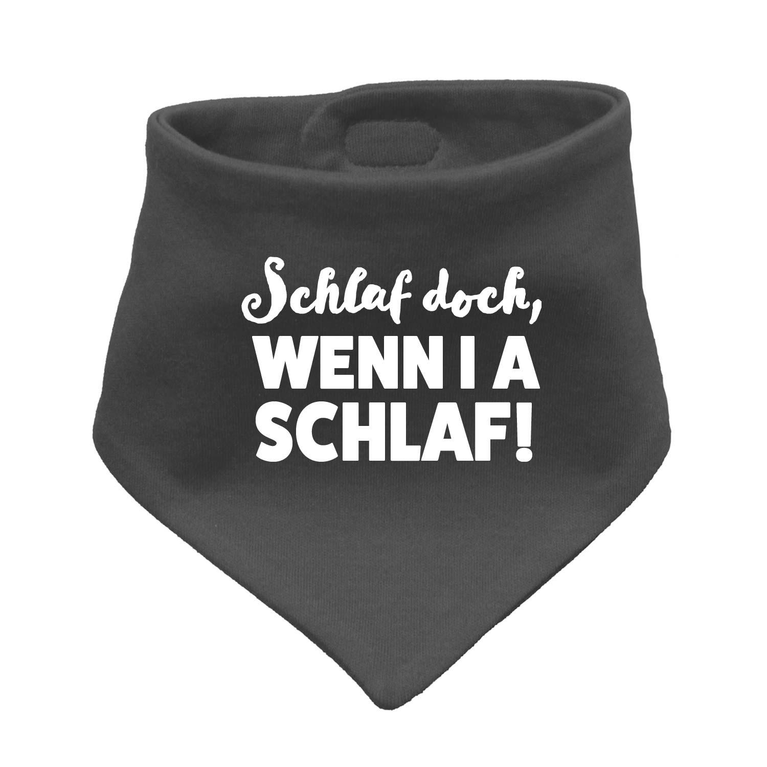 Dreieckiges Babyhalstuch in Braun mit weißem Aufdruck „Schlaf, wenn i a schlaf!“, weiche Baumwolle, ca. 38 × 15 cm.