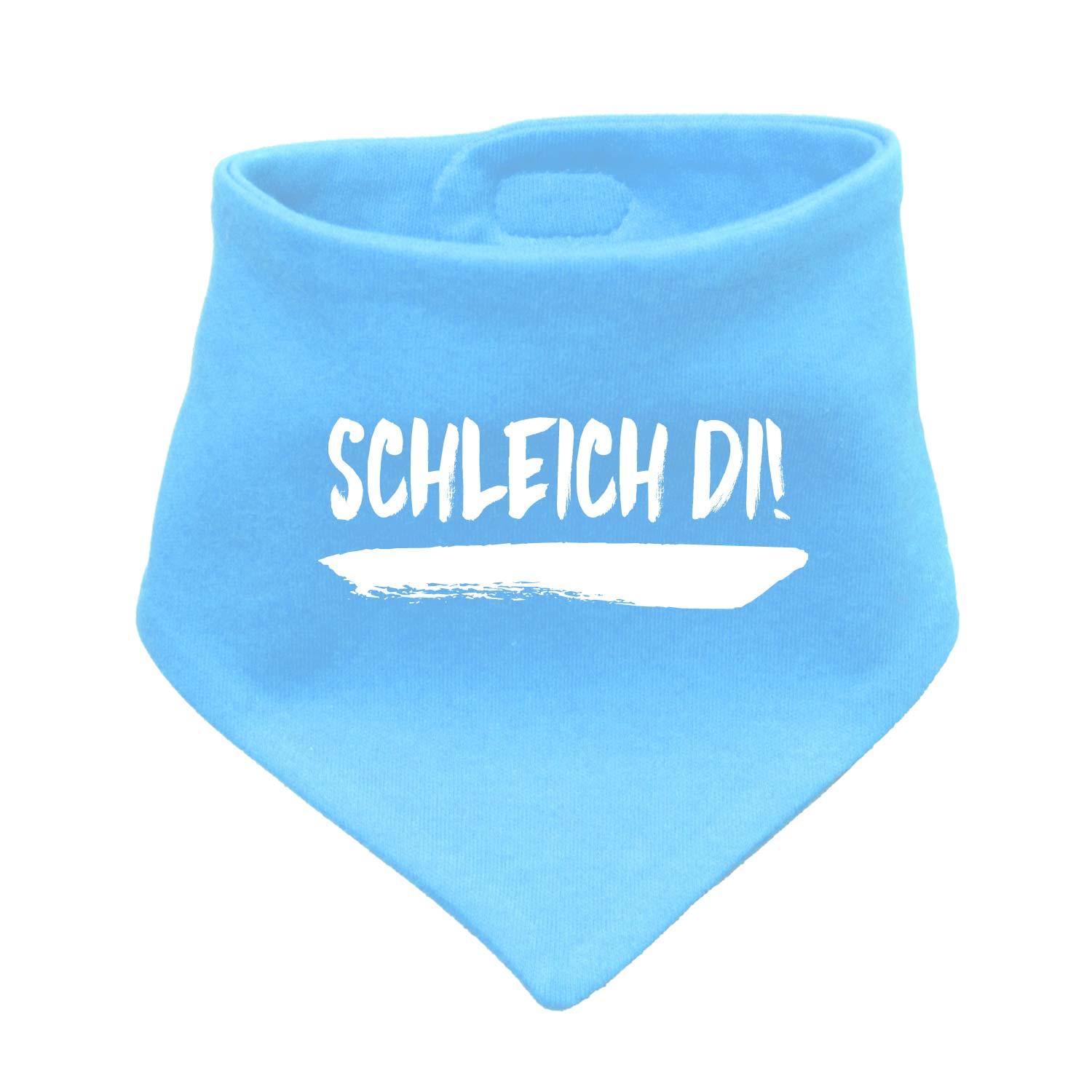 Dreieckiges Babyhalstuch in Dunkelblau mit weißem Schriftzug „Schleich di!“, weicher Baumwollstoff, ca. 38 × 15 cm.