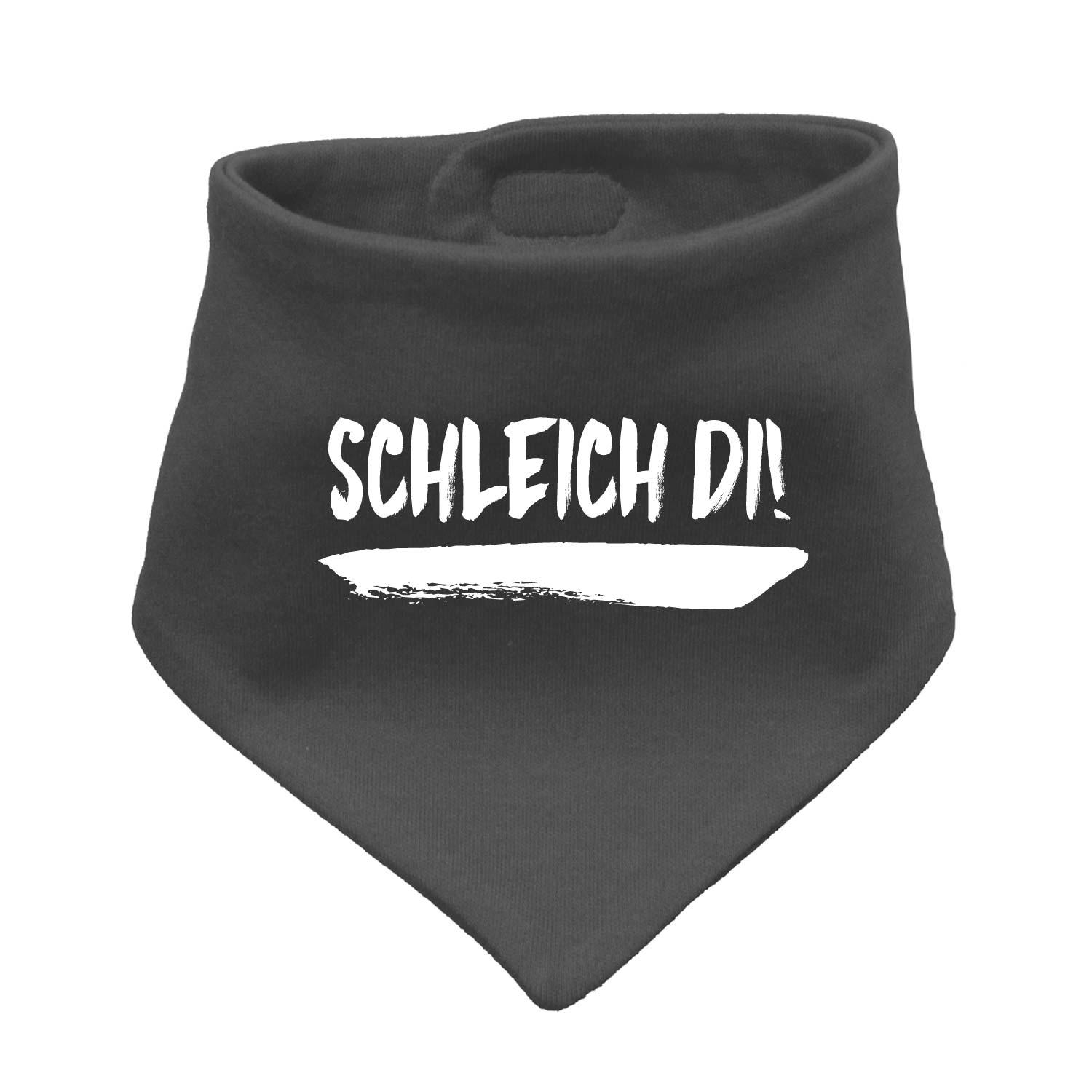 Hellblaues Babyhalstuch in Dreiecksform mit weißem Schriftzug „Schleich di!“ und weichem Baumwollstoff.