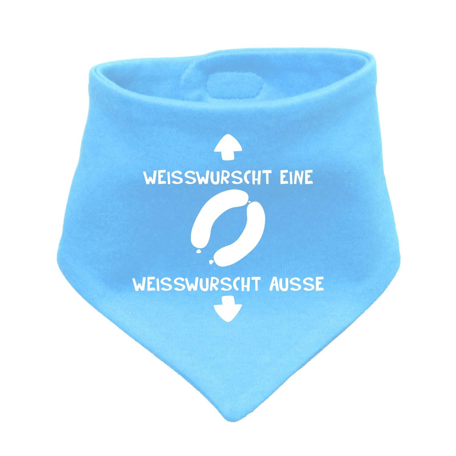 Dreieckiges Babyhalstuch mit sichtbarem Schriftzug „Weißwurscht“ auf strukturiertem Stoff; Maße 38 x 15 cm.