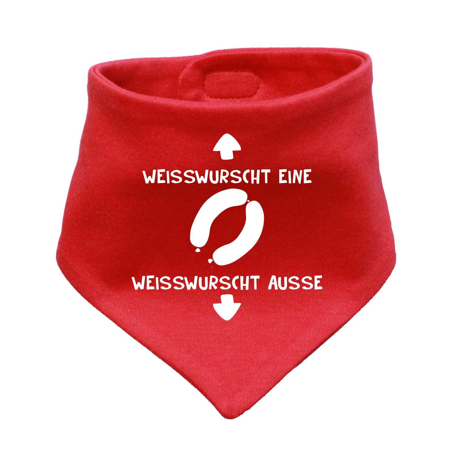 Babyhalstuch in Dreieckform mit sichtbarem „Weißwurscht“-Schriftzug und reflektierendem Herzmotiv; 38 × 15 cm.