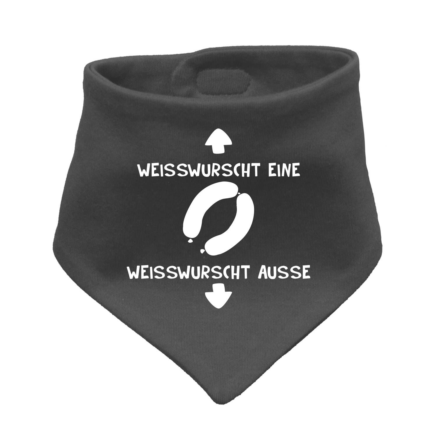 Dreieckiges Babyhalstuch mit sichtbar aufgedrucktem Schriftzug „Weißwurscht“ in stilisierter Schrift; 38 × 15 cm.