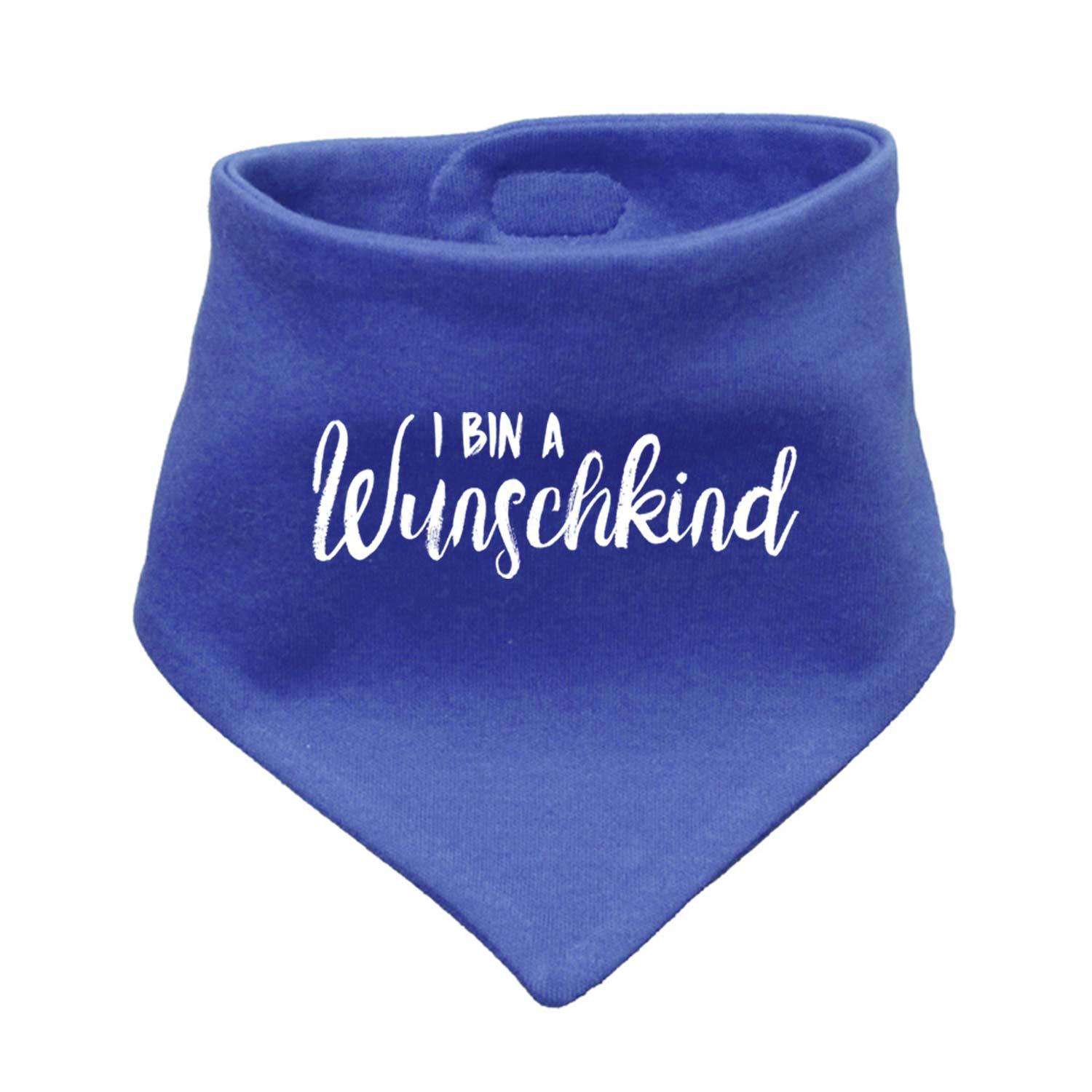Blaues Babyhalstuch Wunschkind mit weißem Schriftzug, atmungsaktives sabberlätzchen für Babys.