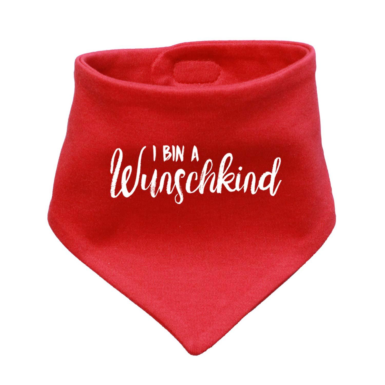 Rotes Babyhalstuch Wunschkind mit weißem "I bin a Wunschkind" Aufdruck und Druckknopfverschluss aus weicher Baumwolle.