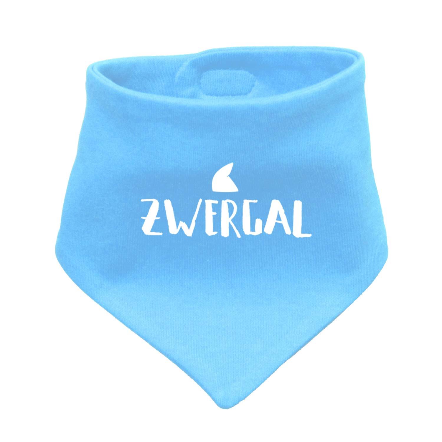 Helles blaues Babyhalstuch Zwergal mit weißem Aufdruck und kleinem Symbol für Babys und Kleinkinder.