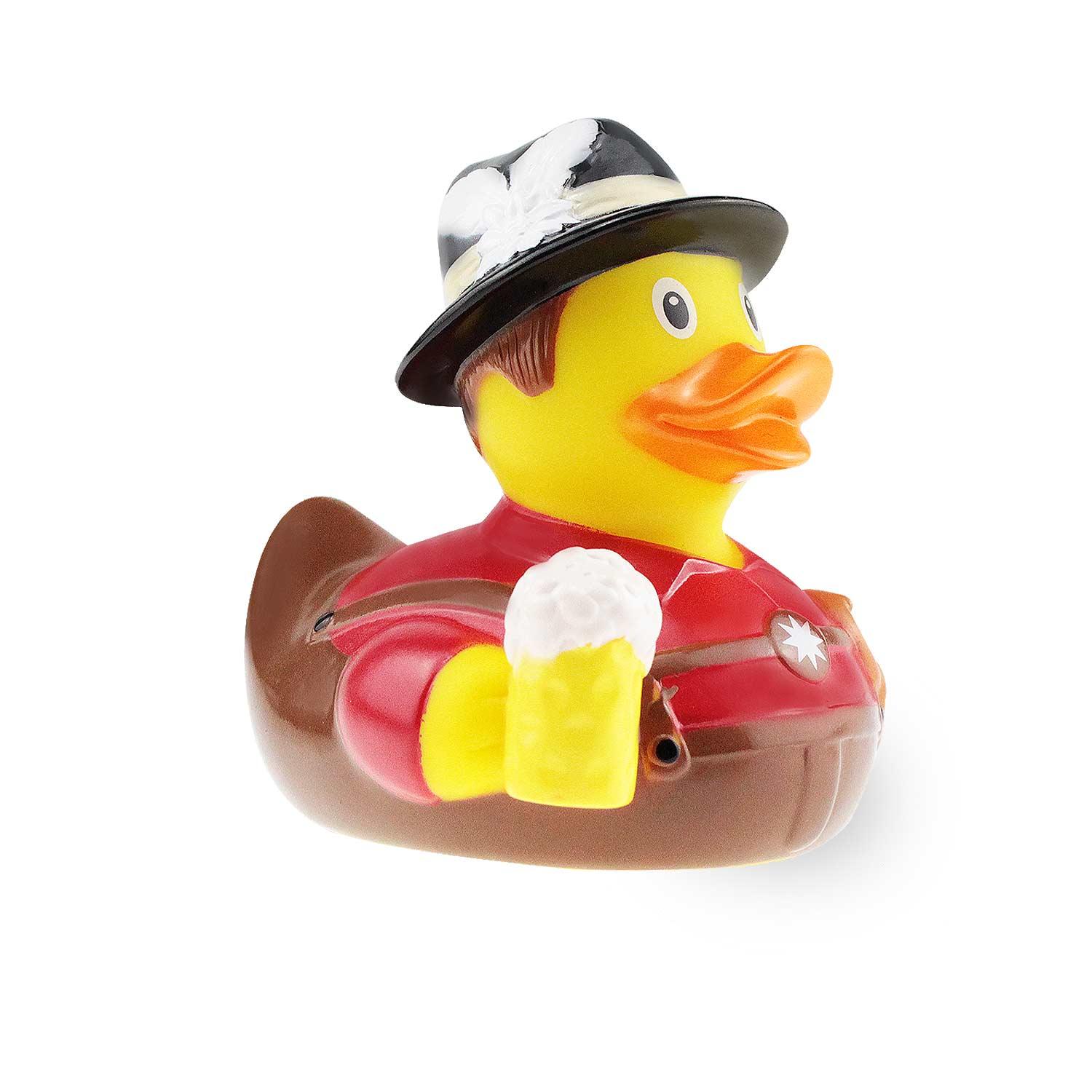 Bayerische Badeente in Lederhosen mit Stoffhut und kariertem Hemd, witziges Design aus gelbem Kunststoff.