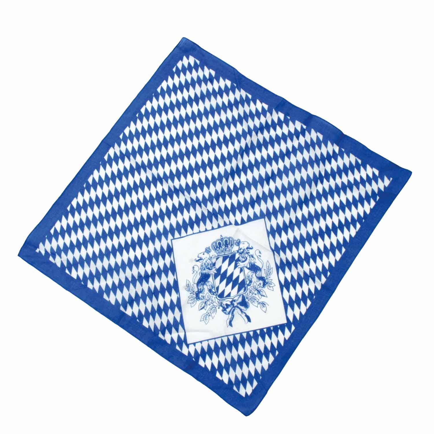 Blau-weiß kariertes Baumwolltuch mit bayerischem Löwenmotiv im traditionellen Design, quadratisch, 100 % Baumwolle.
