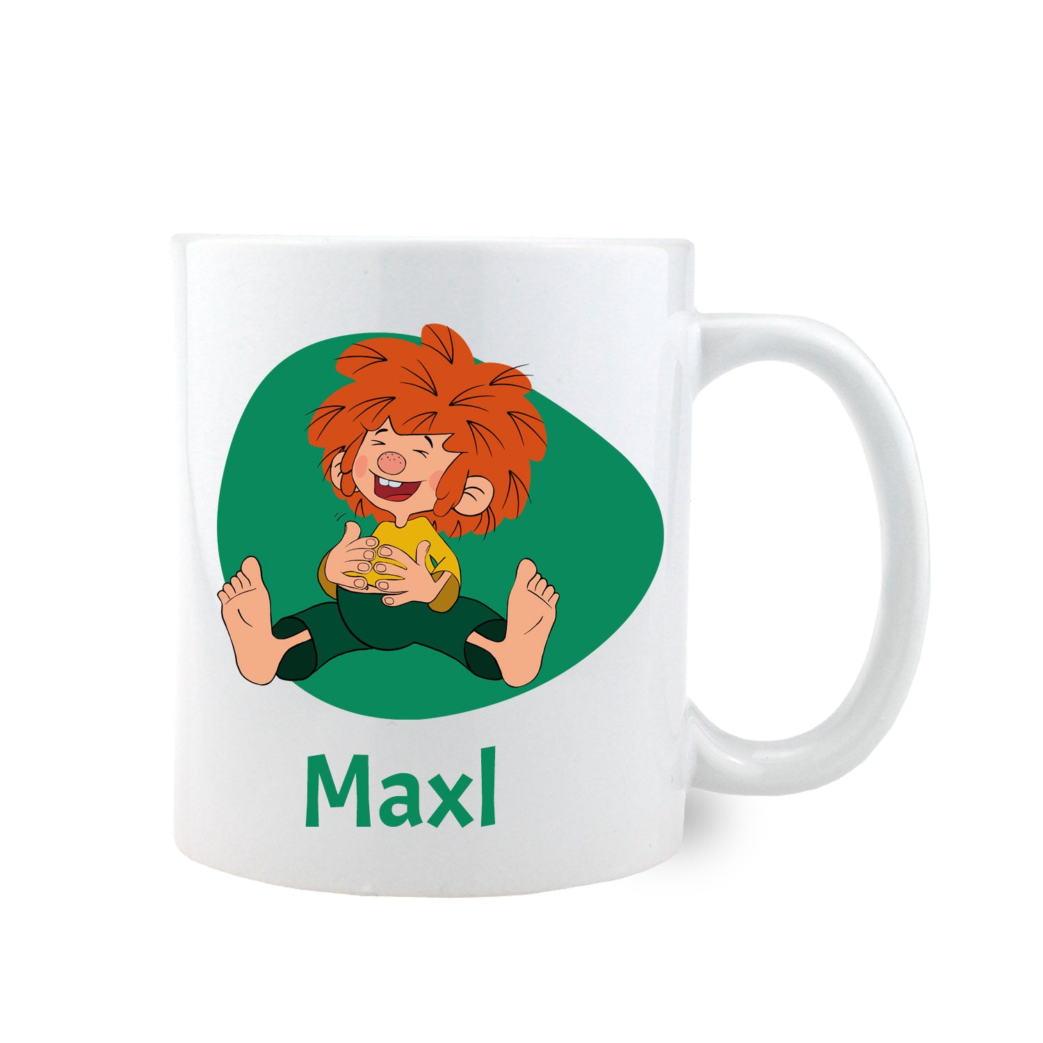 Weiße Keramiktasse mit Pumuckl-Motiv, rotem Henkel, rotem Rand und personalisierbarem Namensdruck, 330 ml.