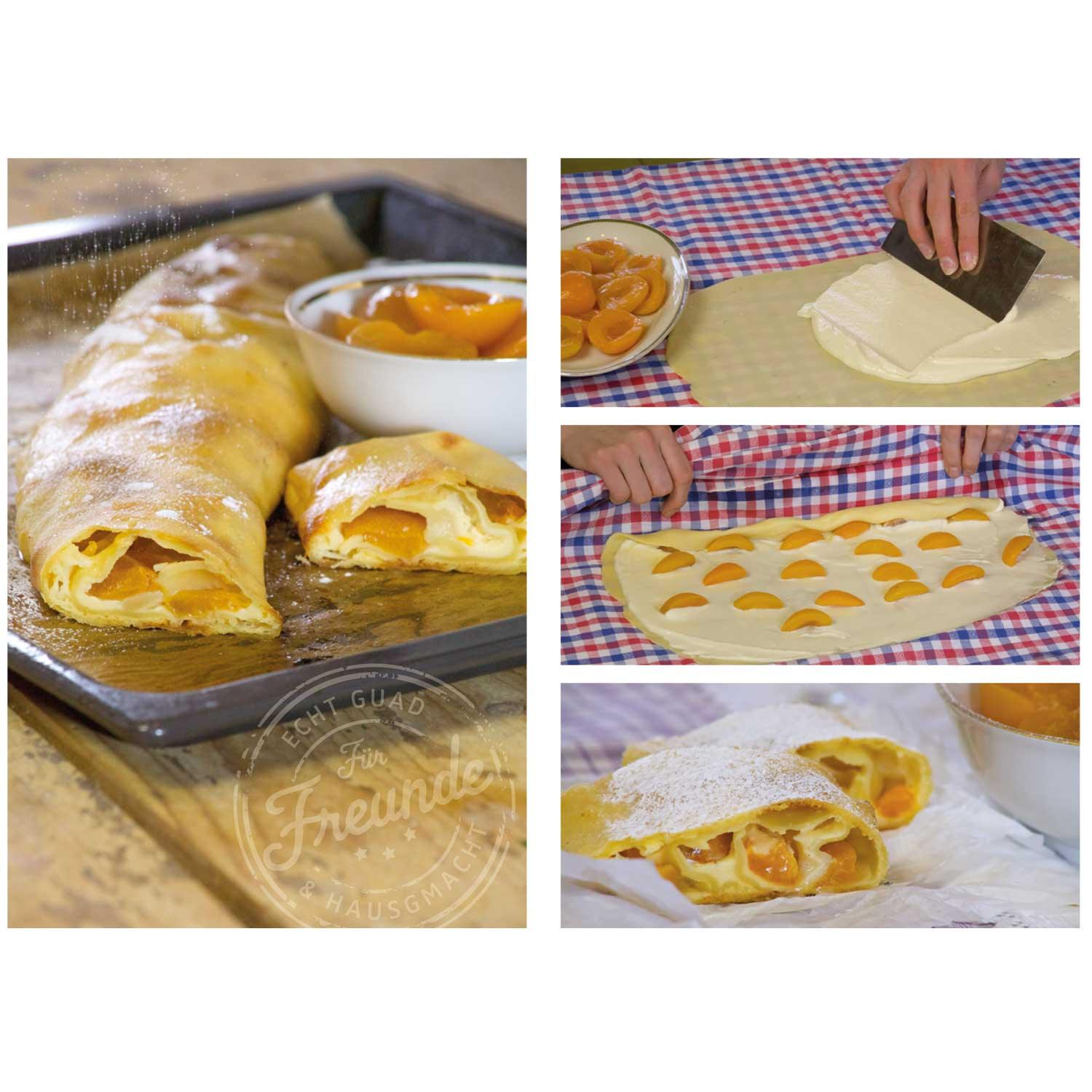 Kochbuch mit bayerischen Rezepten, brauner Hardcover-Einband mit weißem Schriftzug und Herzmotiv, ca. 16×24 cm.