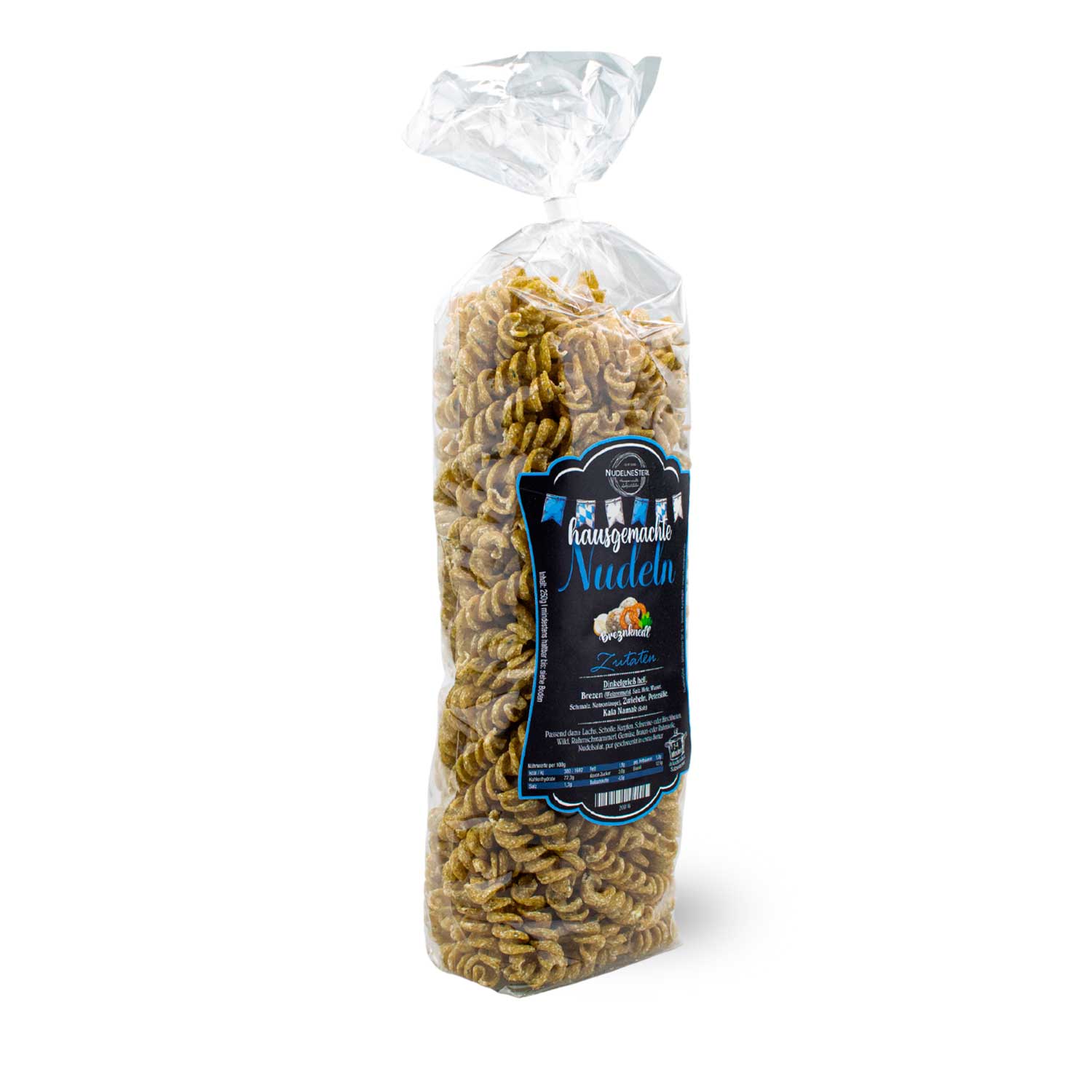 Hausgemachte Nudeln aus feinem Dinkelgrieß in Breznform mit Zwiebeln und Petersilie, 250 g.