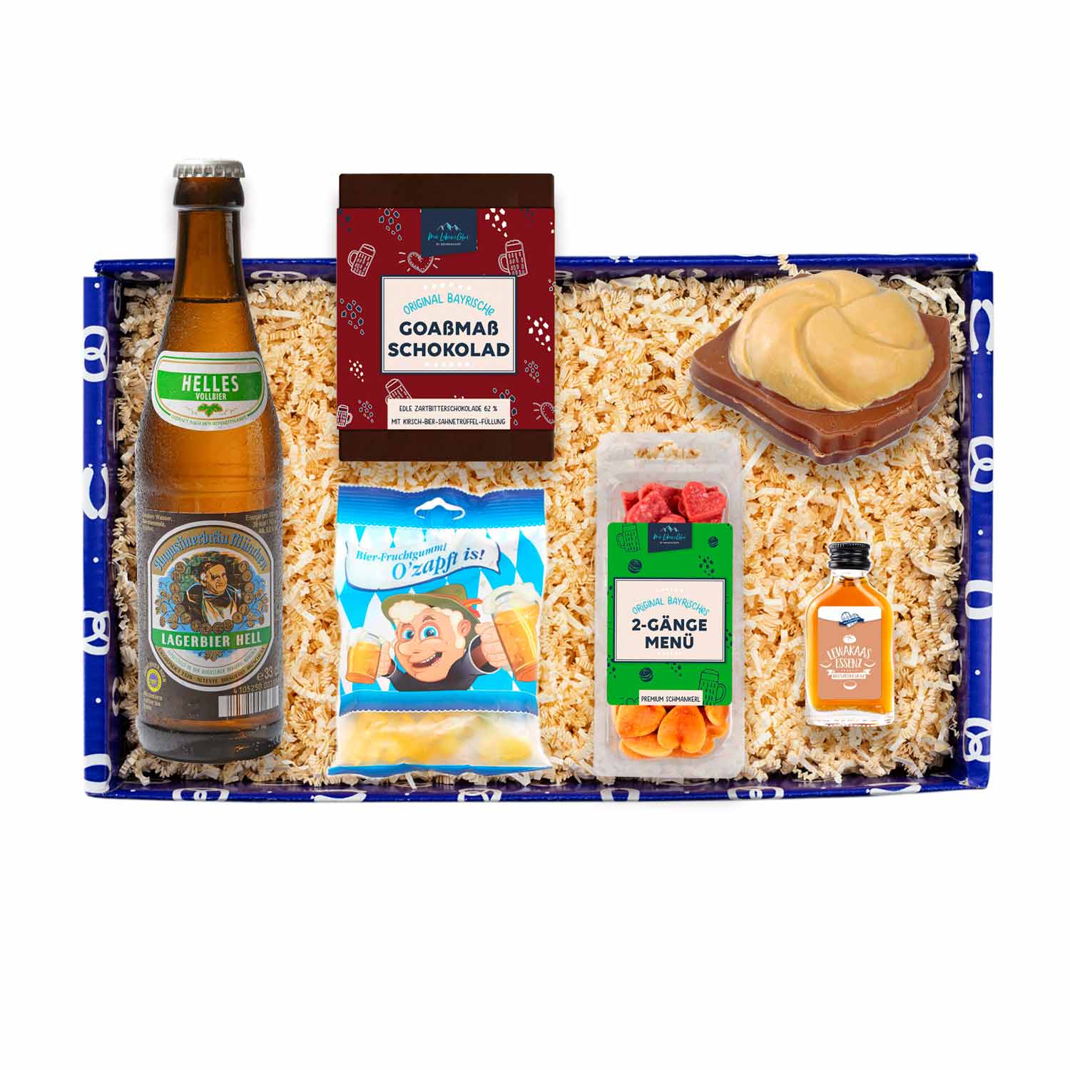 Bayerische Geschenkbox mit Schoko-Lewakassemme, Schnapserl, Bier und Goaßmaß-Schokolade in Manufaktur-Qualität.