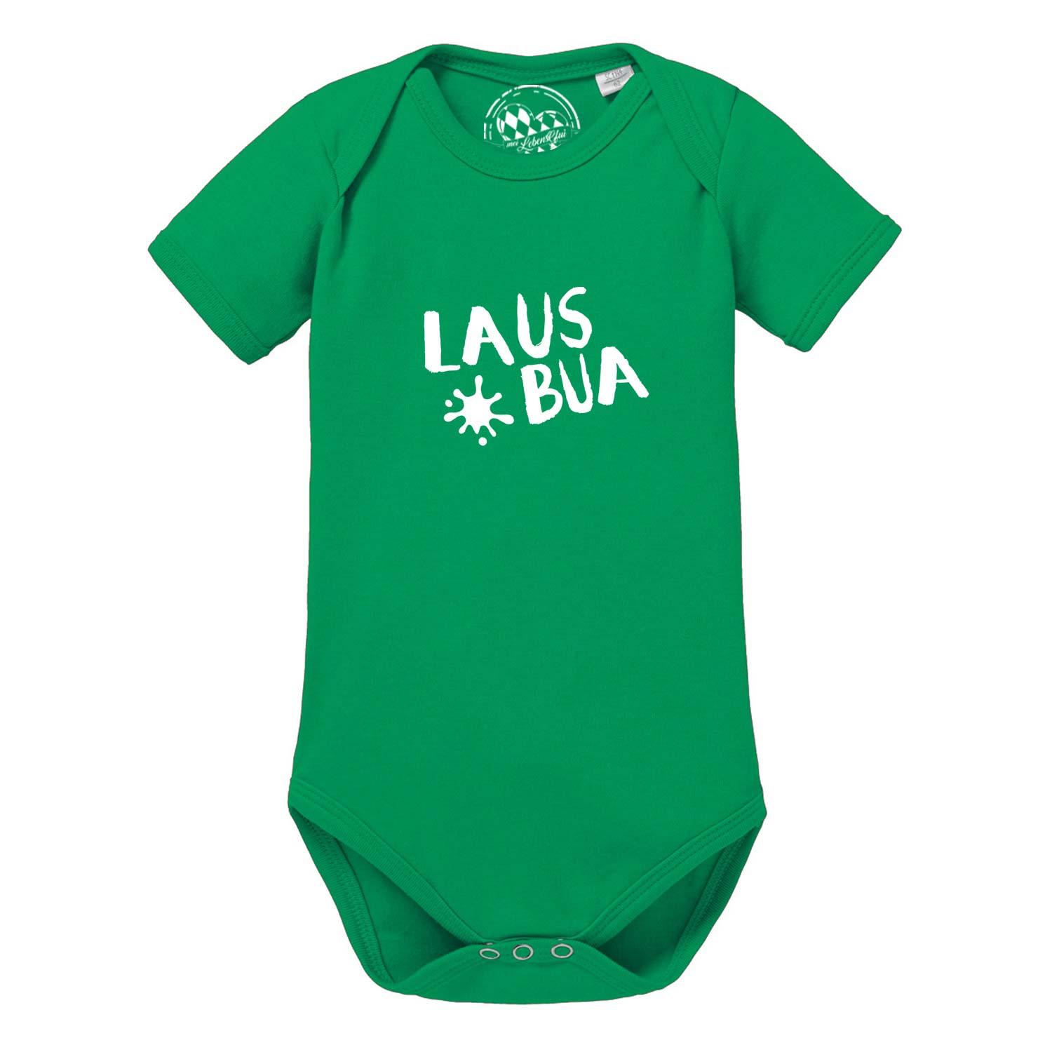 Grüner Baby Body Lausbua mit weißem Schriftzug und Spritzer, Kurzarm, weiche Baumwolle für Babys.