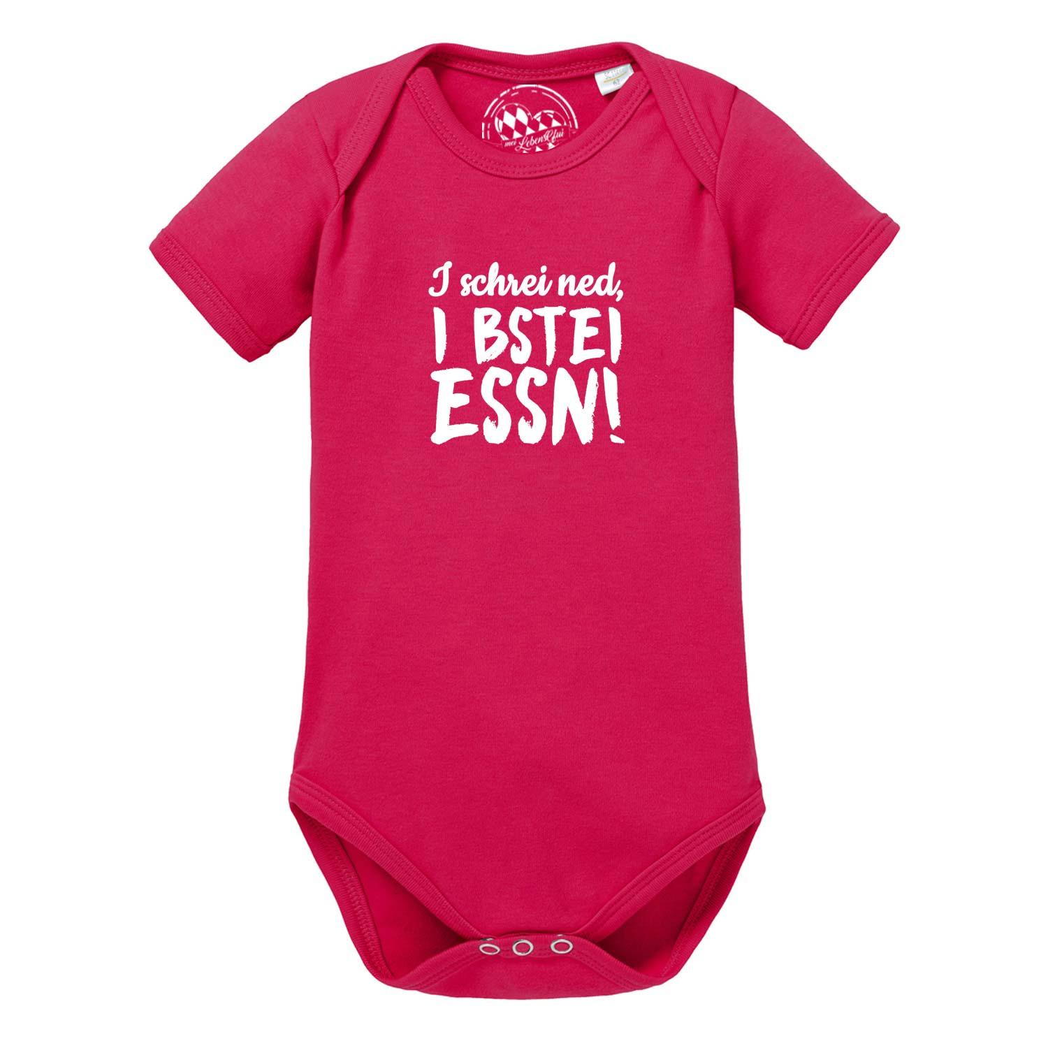 Baby Body I bstei Essn in leuchtendem Pink mit weißem Schriftzug, Kurzarm und Druckknöpfen