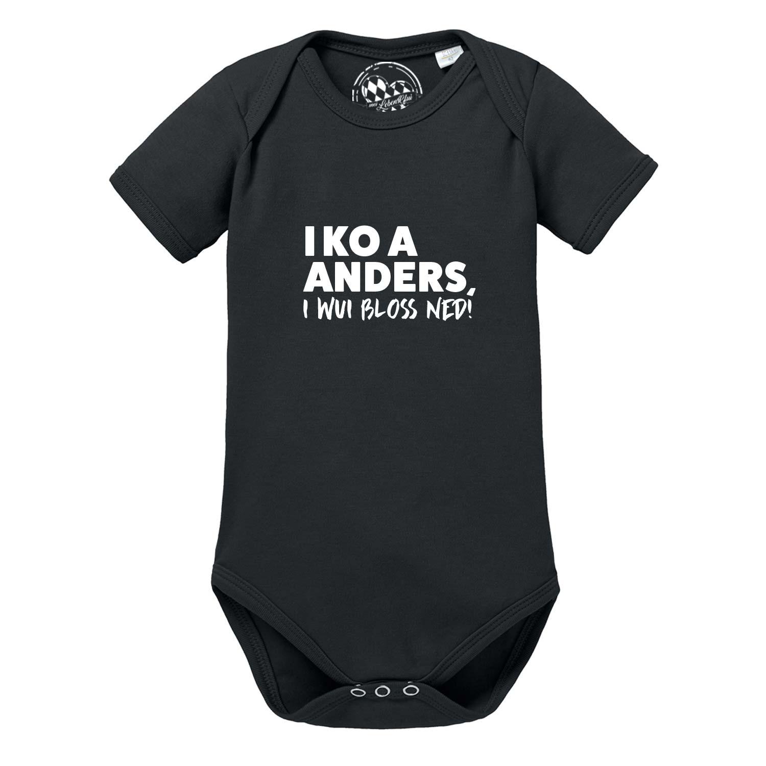 Schwarzer Baby Body I wui bloß ned mit weißem, humorvollem bayerischen Spruch als Aufdruck, Kurzarm.
