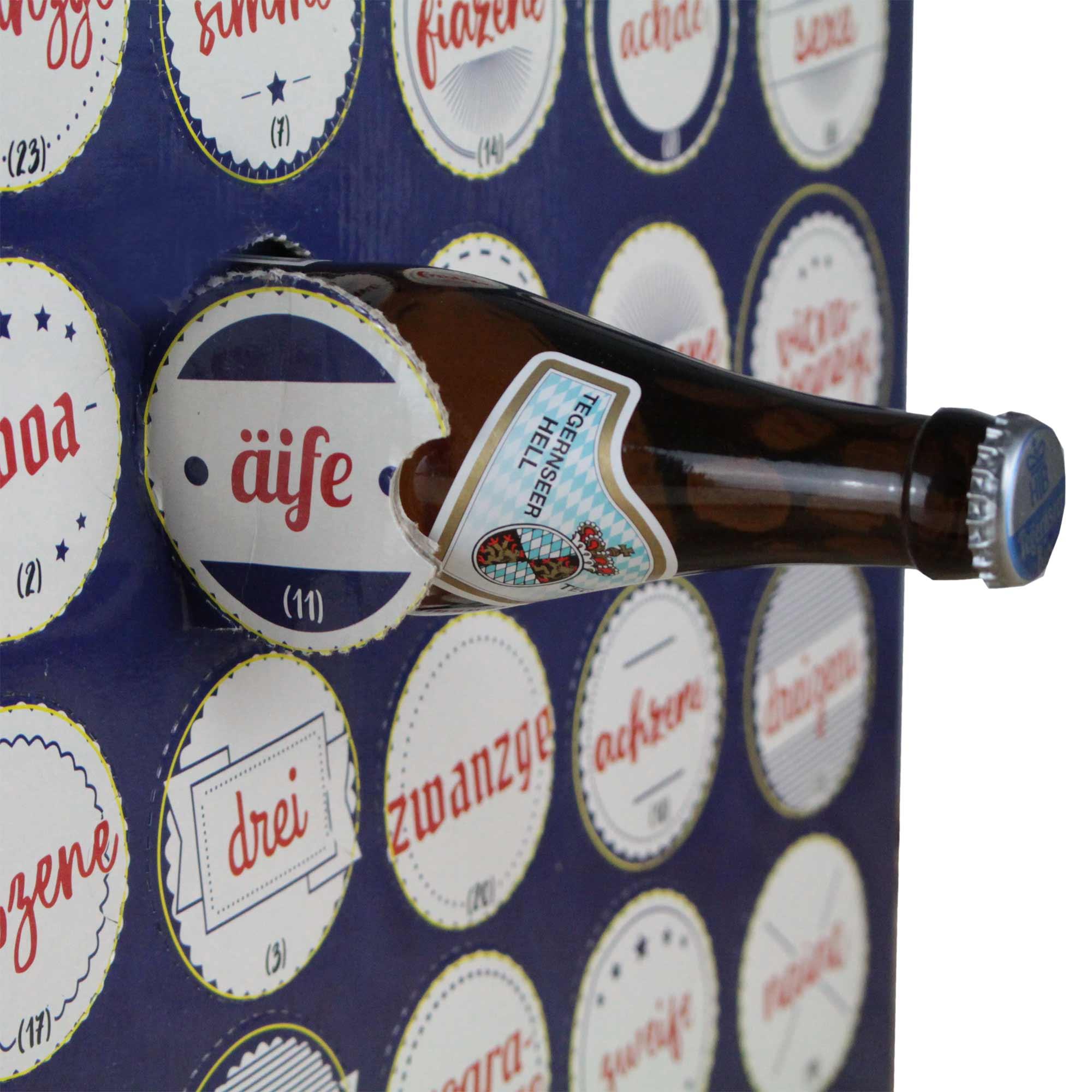Bier-Adventskalender mit 23 regionalen bayerischen Biersorten und einem Verkostungsglas in Geschenkbox.