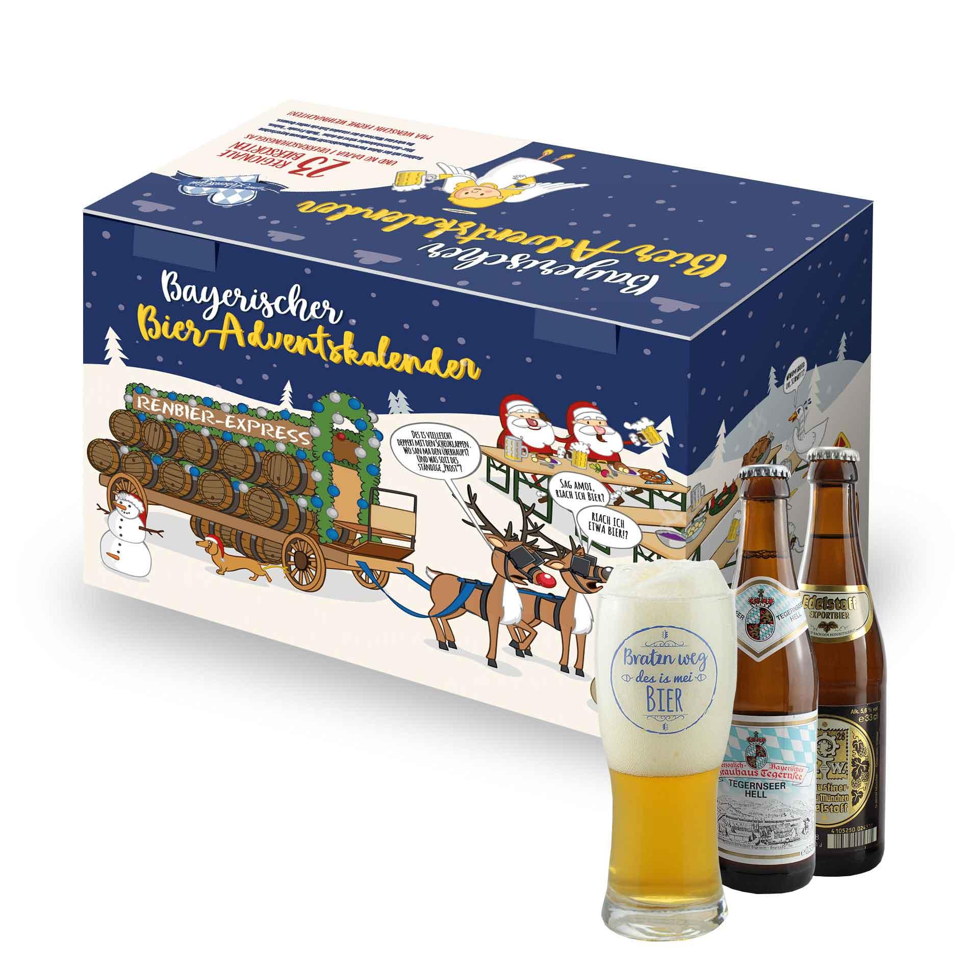 Bier-Adventskalender mit 23 regionalen bayerischen Bieren kleiner Traditionsbrauereien und einem Verkostungsglas.