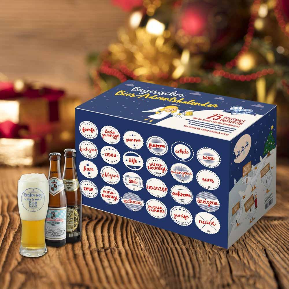 Bier-Adventskalender mit 23 verschiedenen bayerischen Bieren und einem Verkostungsglas in Geschenkbox.